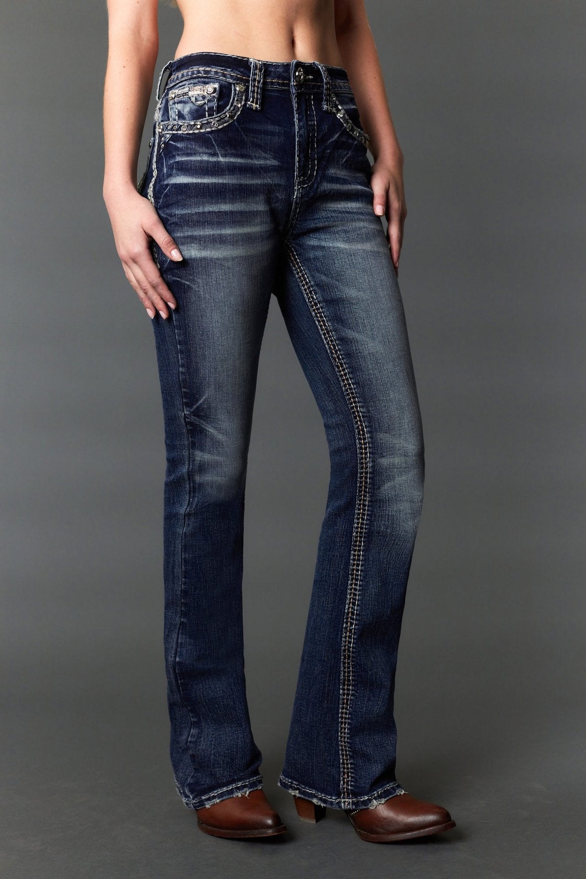 Answer Me A1135 dark wash bootcut jeans, close-up detail