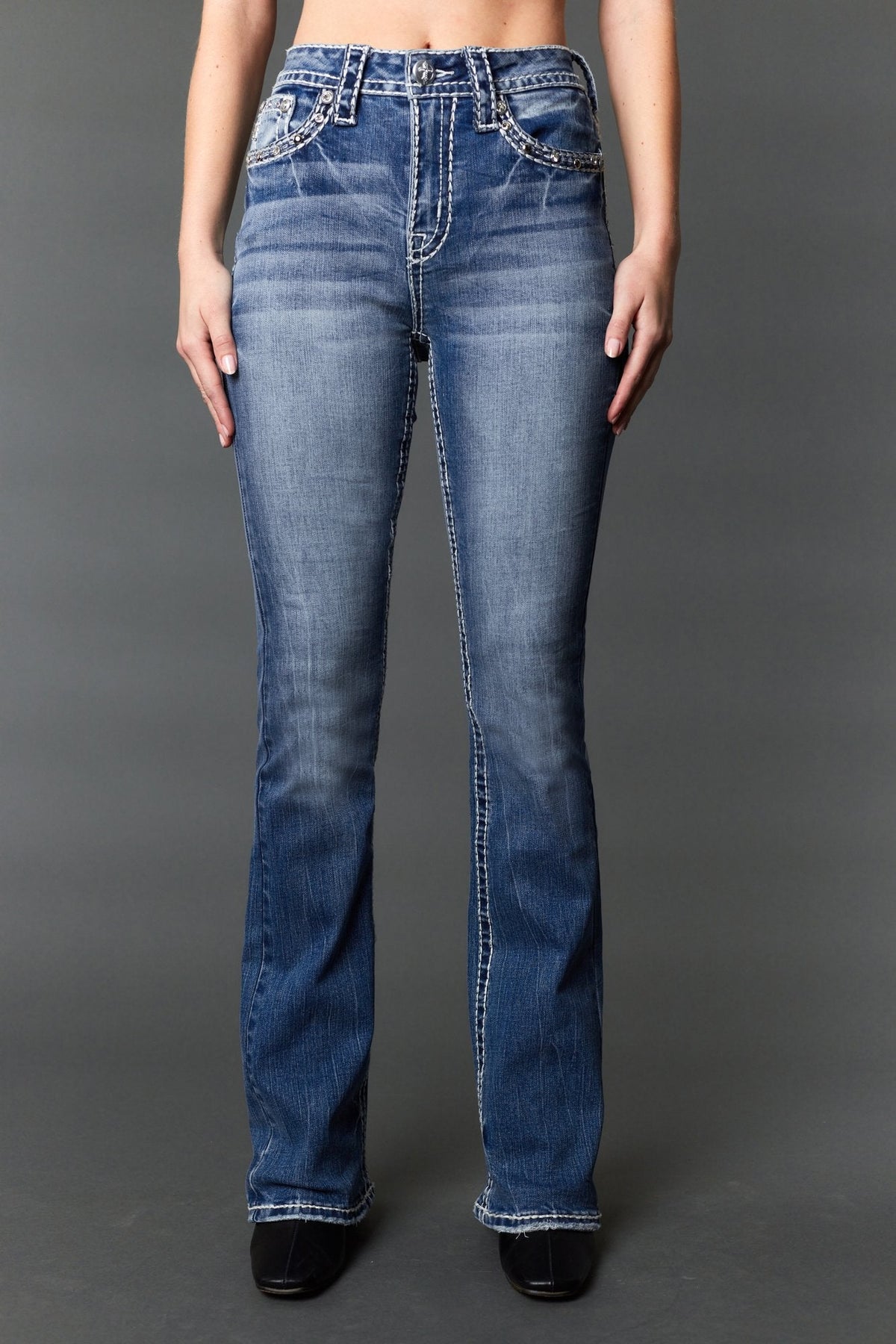 Answer Me A1137 medium wash bootcut jeans, styled front view