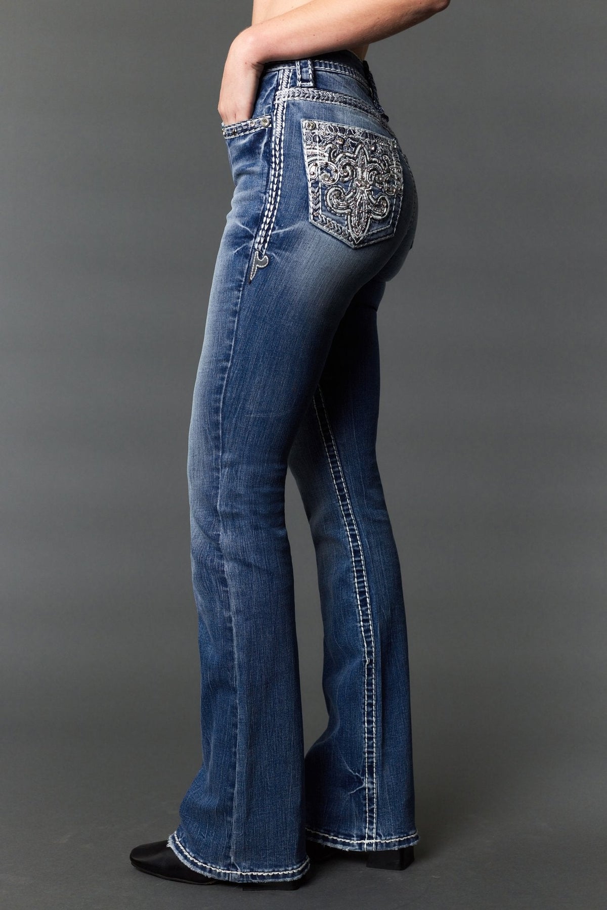 Answer Me A1137 medium wash bootcut jeans, pocket embroidery detail