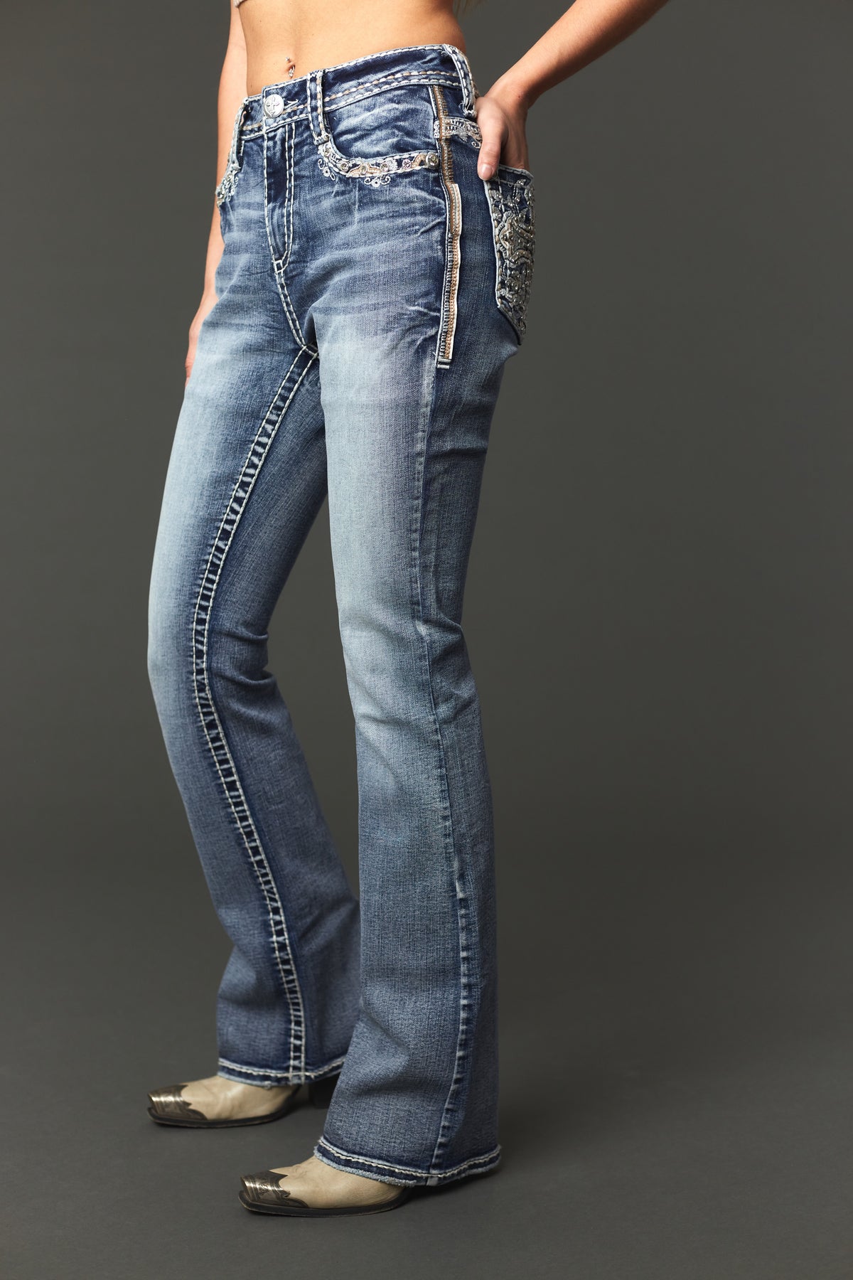 Full front view of Answer Me A1140 light-wash bootcut jeans