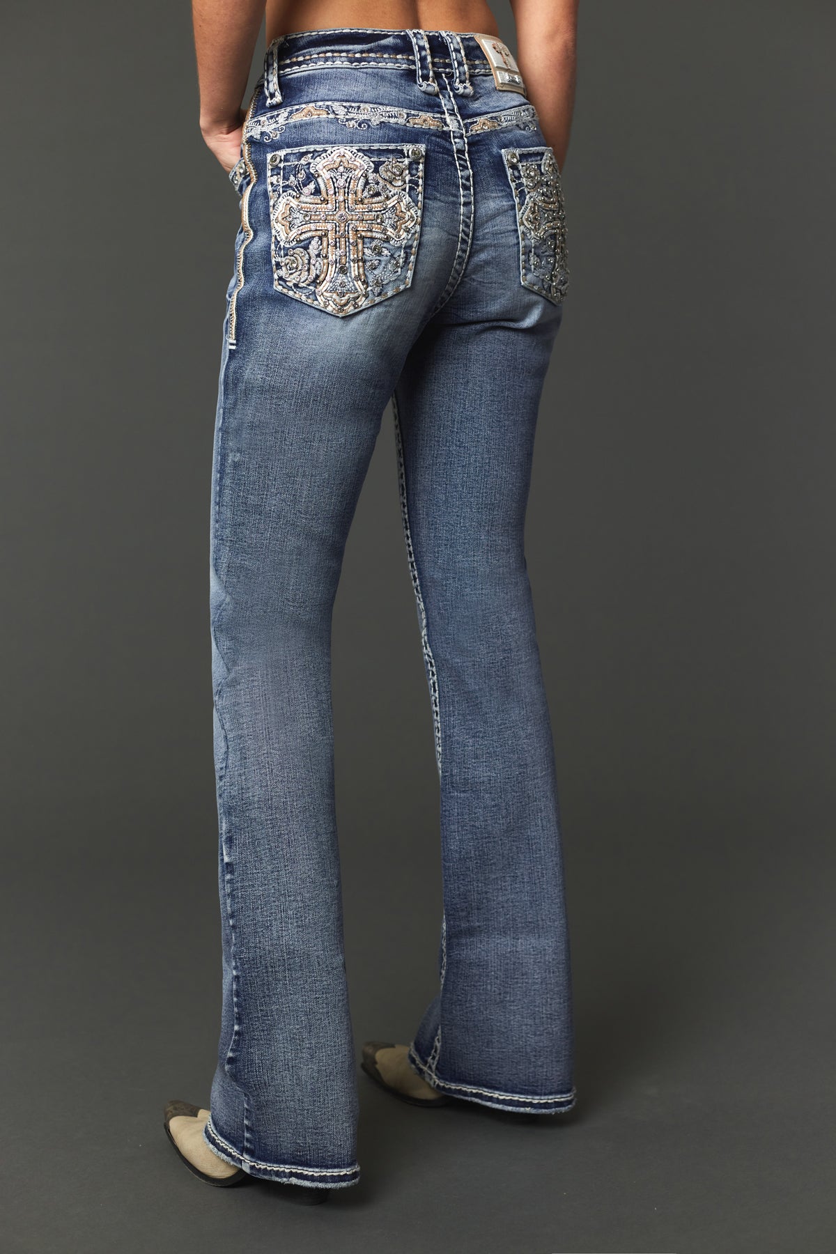 Full back view of Answer Me A1140 embroidered bootcut jeans
