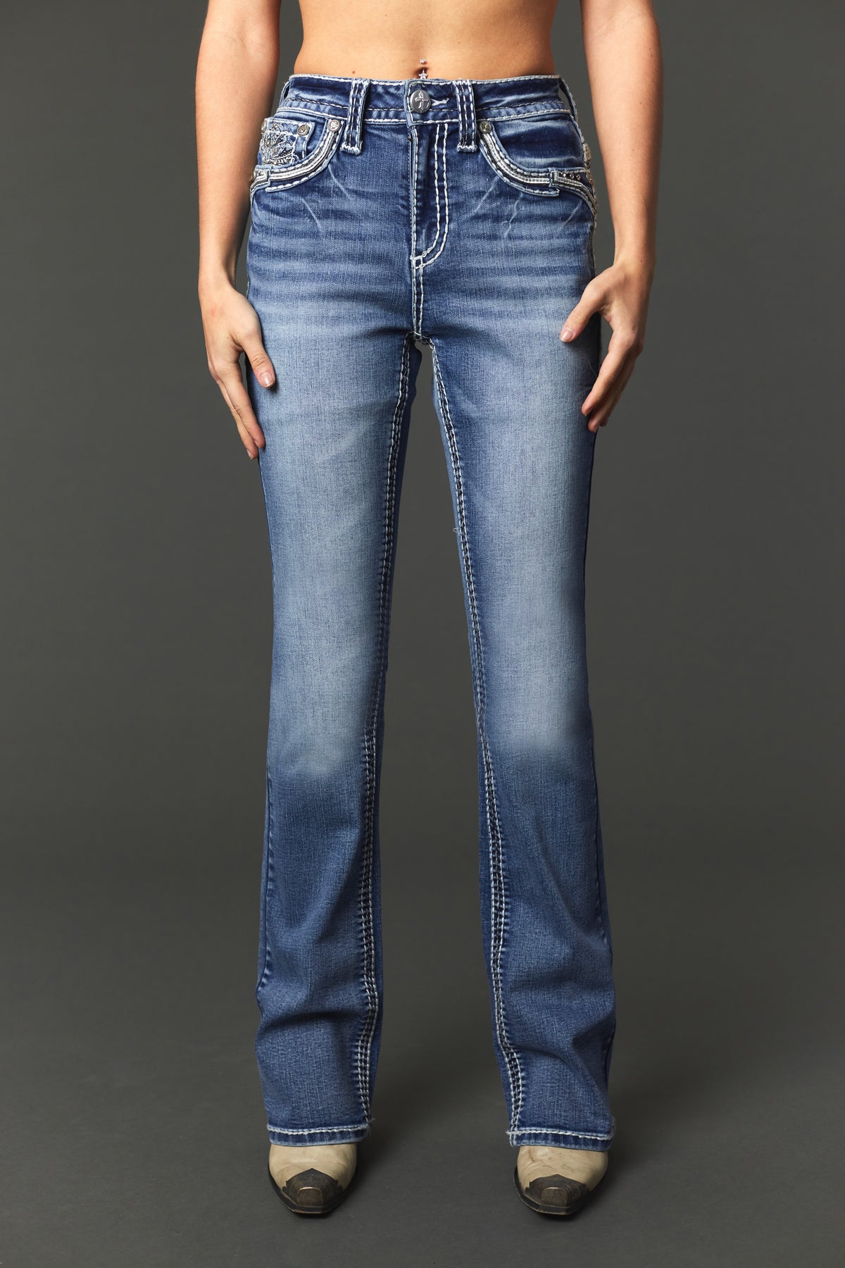 Full front view of Answer Me A1142 medium-wash bootcut jeans