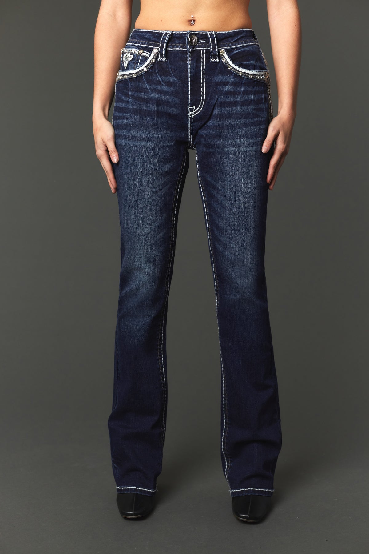 Full front view of Answer Me A1145 dark-wash bootcut jeans