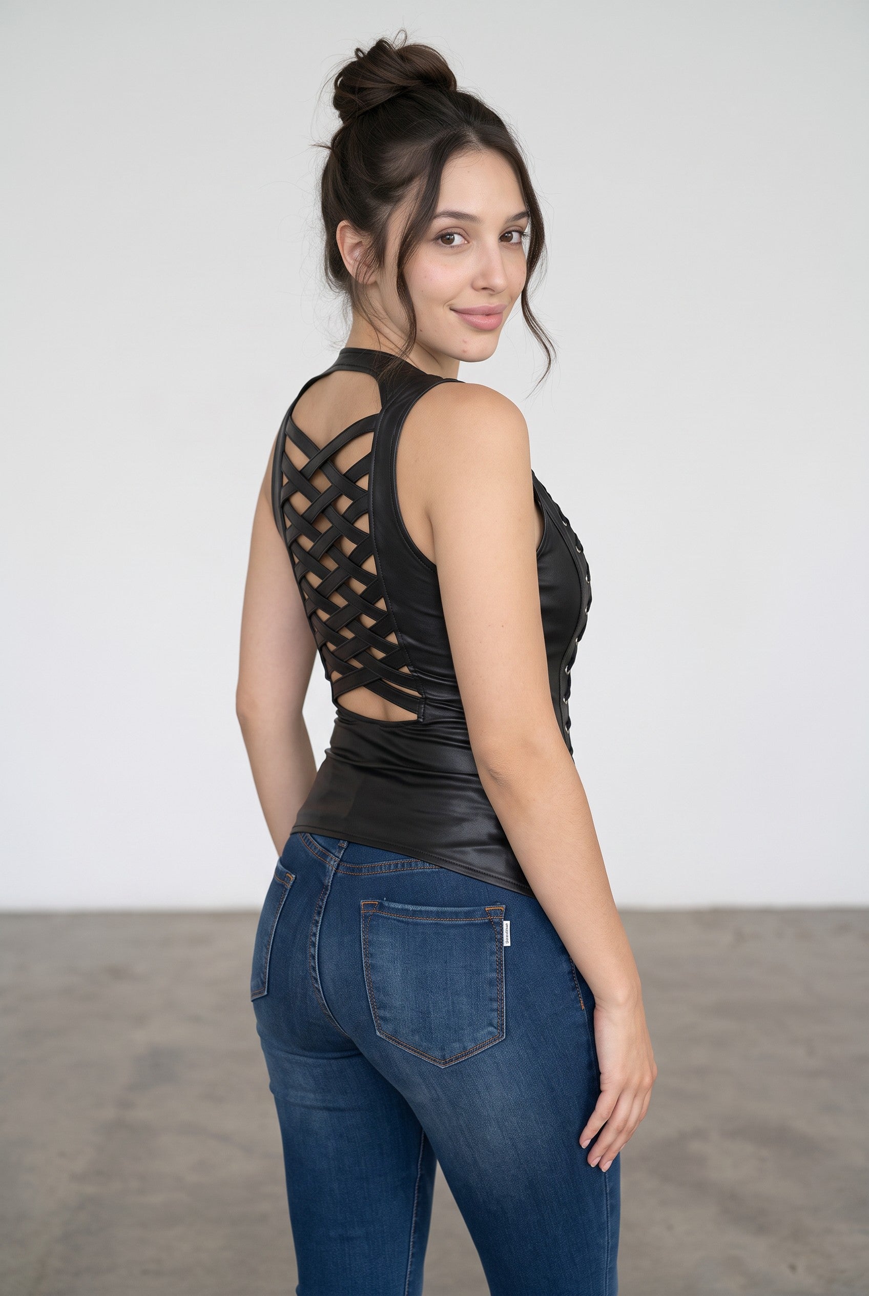 After Dark Lace-Up Zip-Front Padded Vest Top – Black
