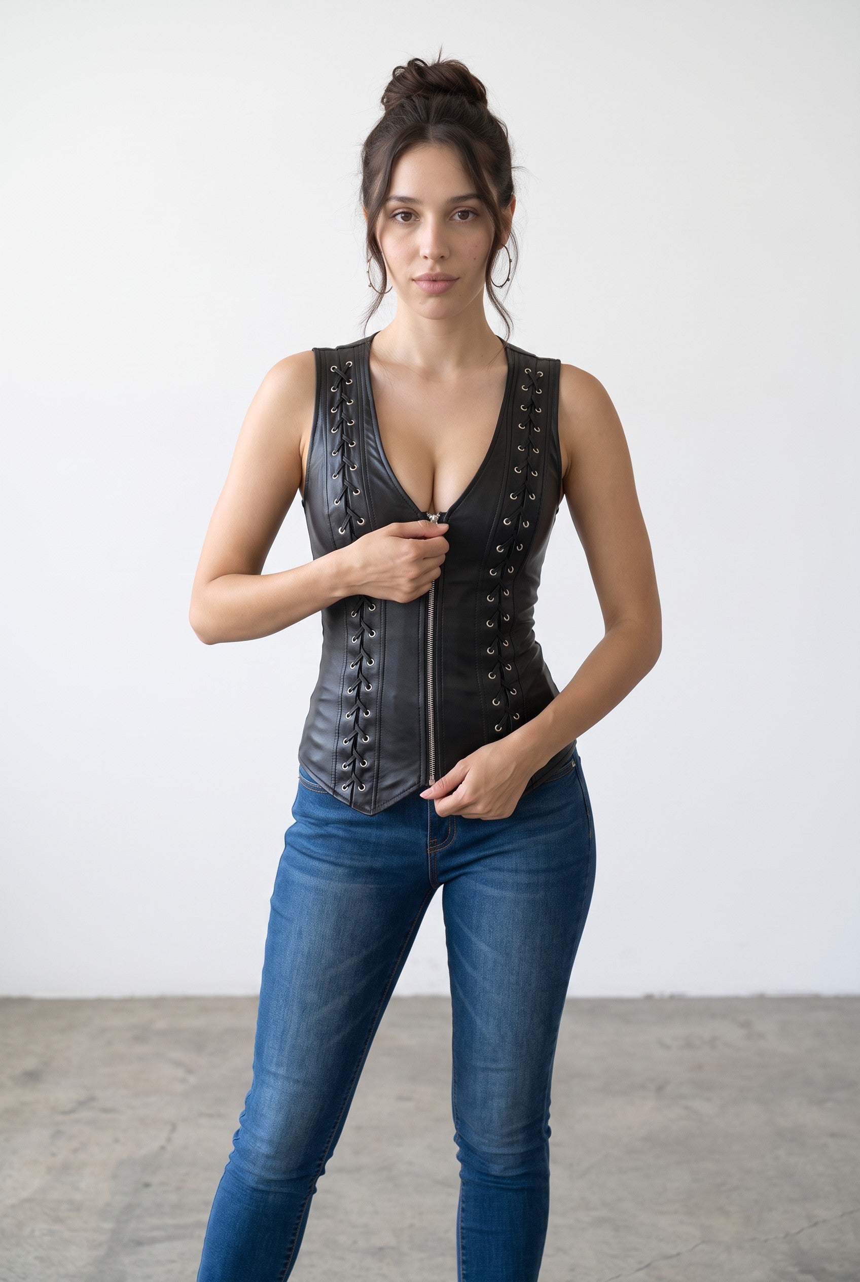 After Dark Lace-Up Zip-Front Padded Vest Top – Black