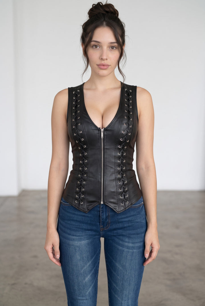 After Dark Lace-Up Zip-Front Padded Vest Top – Black