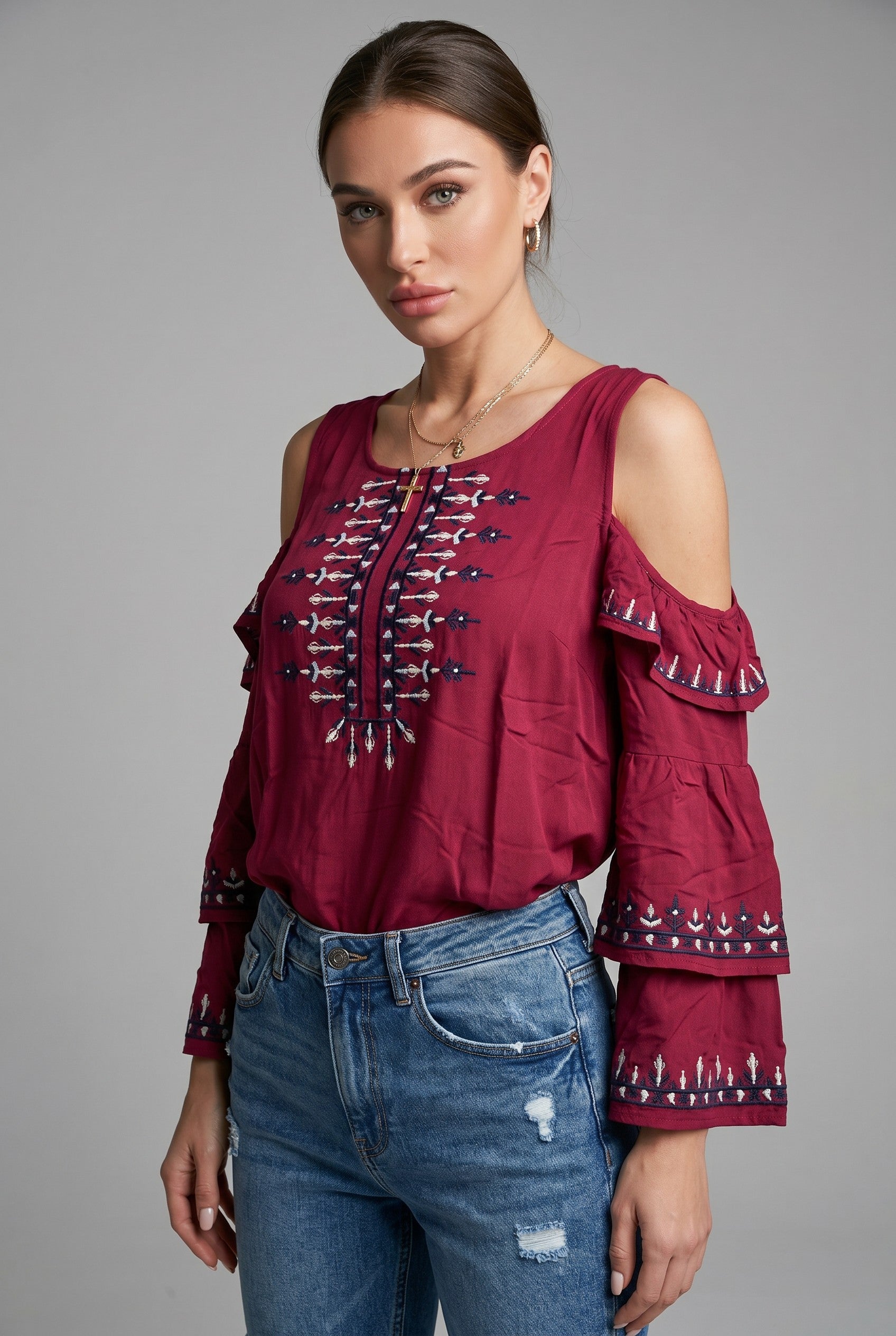 Embroidered Cold Shoulder Boho Blouse