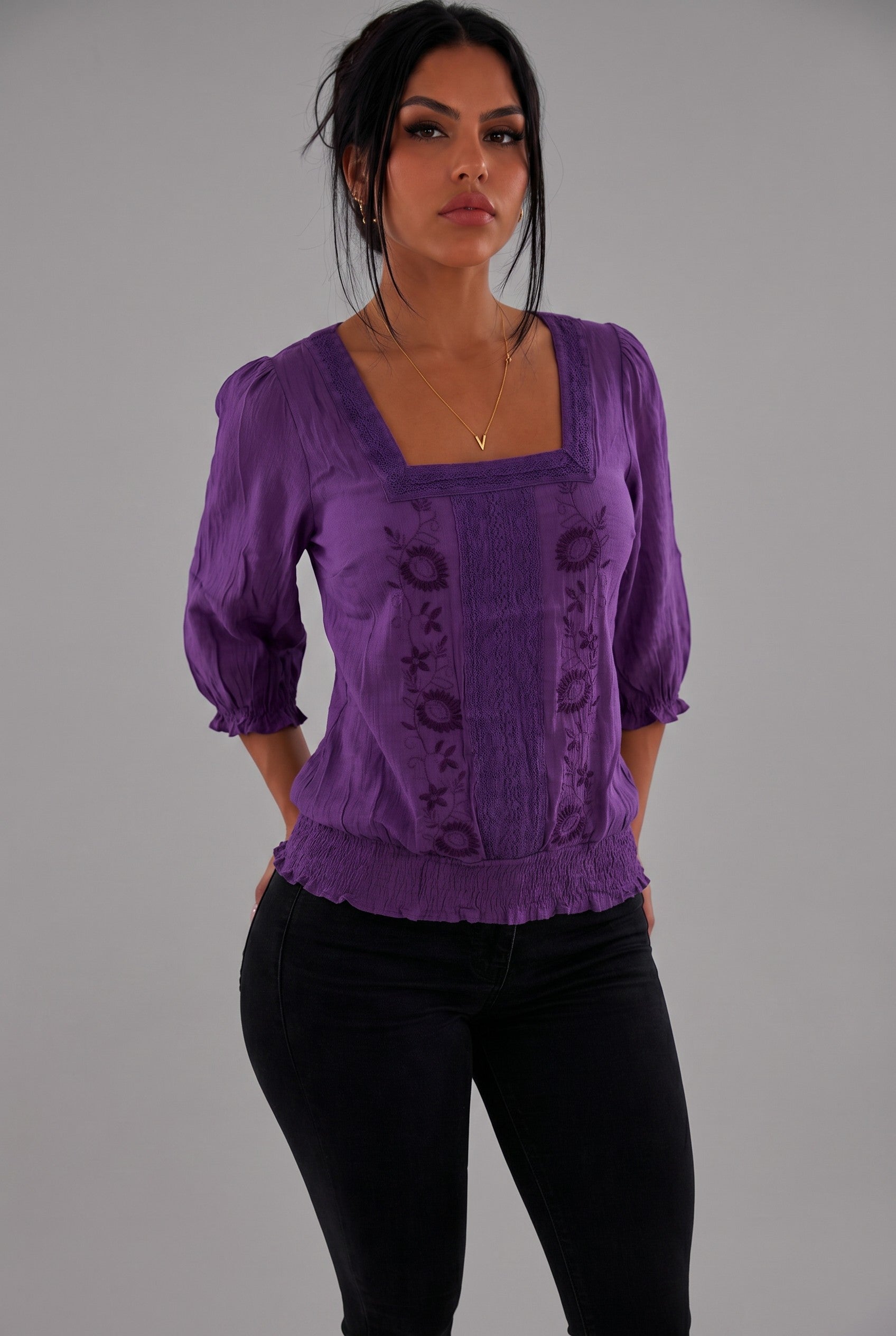 Embroidered Smocked Hem Peasant Blouse
