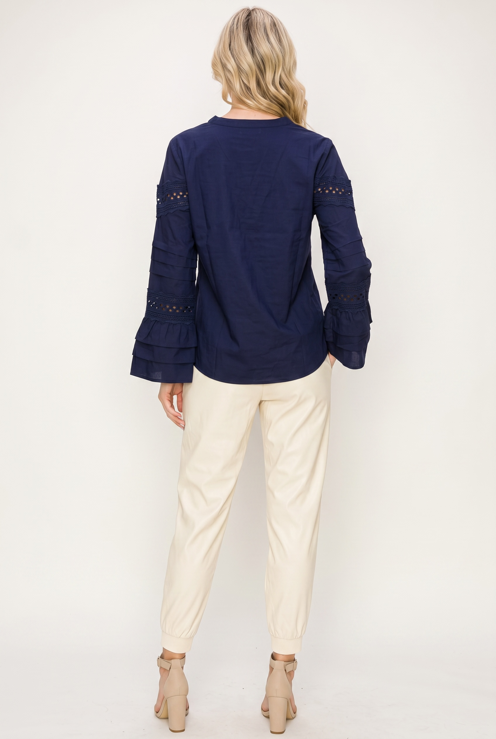 Lace Detail Bell Sleeve Blouse – Button Front V-Neck Top