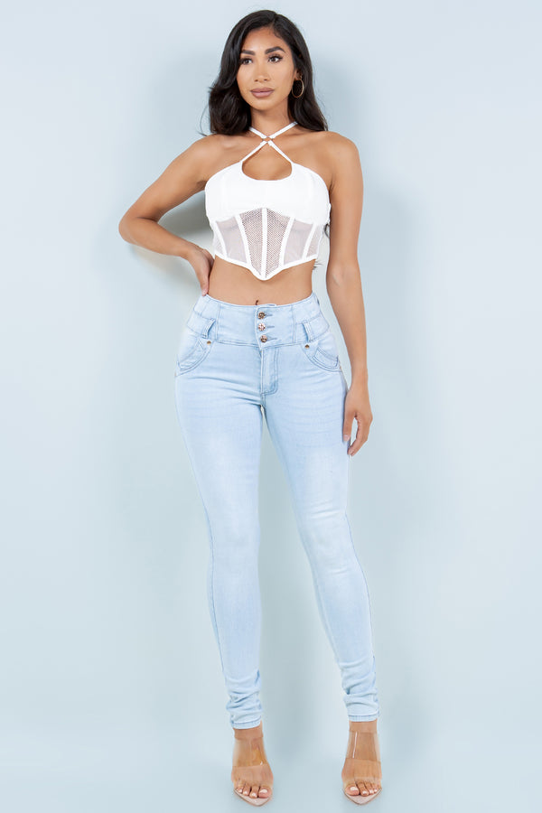 Colombian Push-Up Skinny Jeans with Criss-Cross Back Pockets – Light Blue