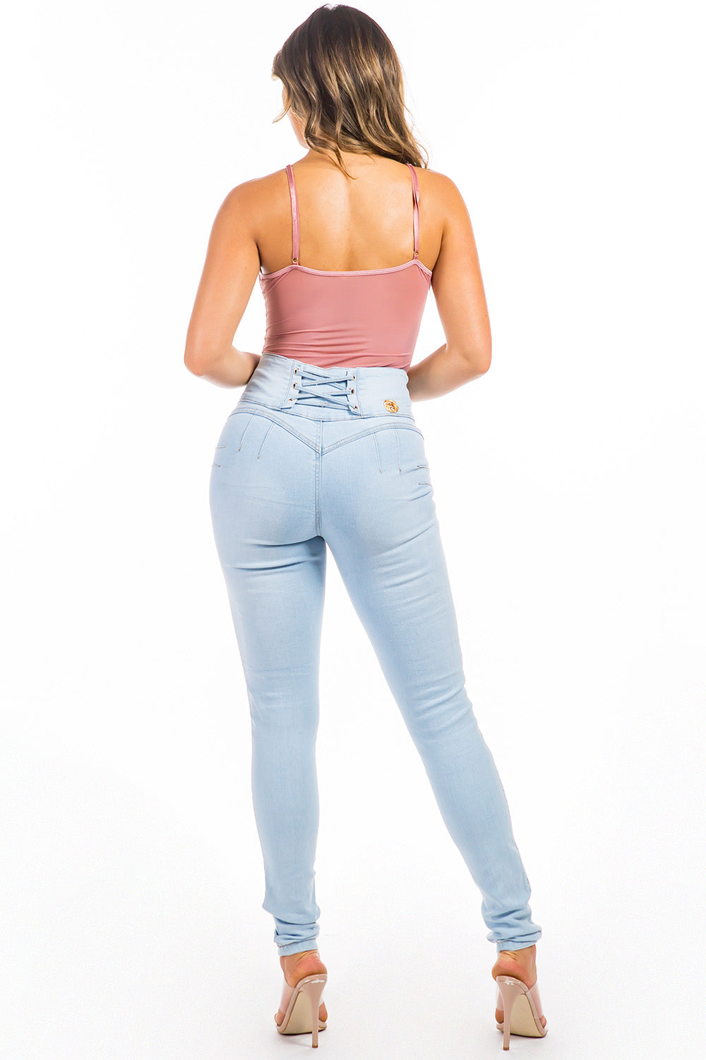 Colombian Push-Up Skinny Jeans with Corset Waist & Sculpting Seams – Light Blue