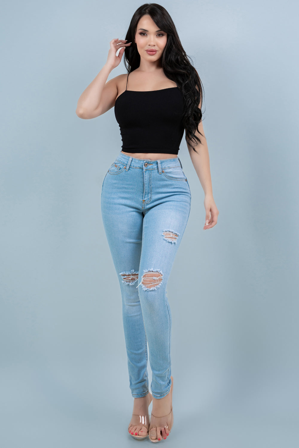 Light Wash Distressed High-Rise Skinny Jeans