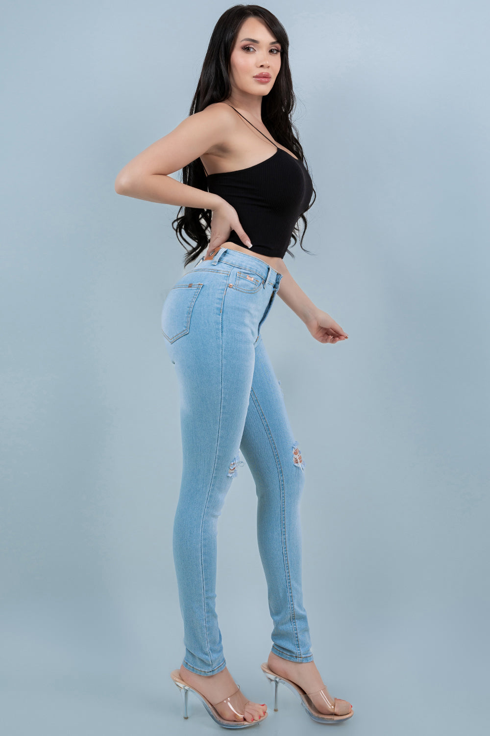 Light Wash Distressed High-Rise Skinny Jeans