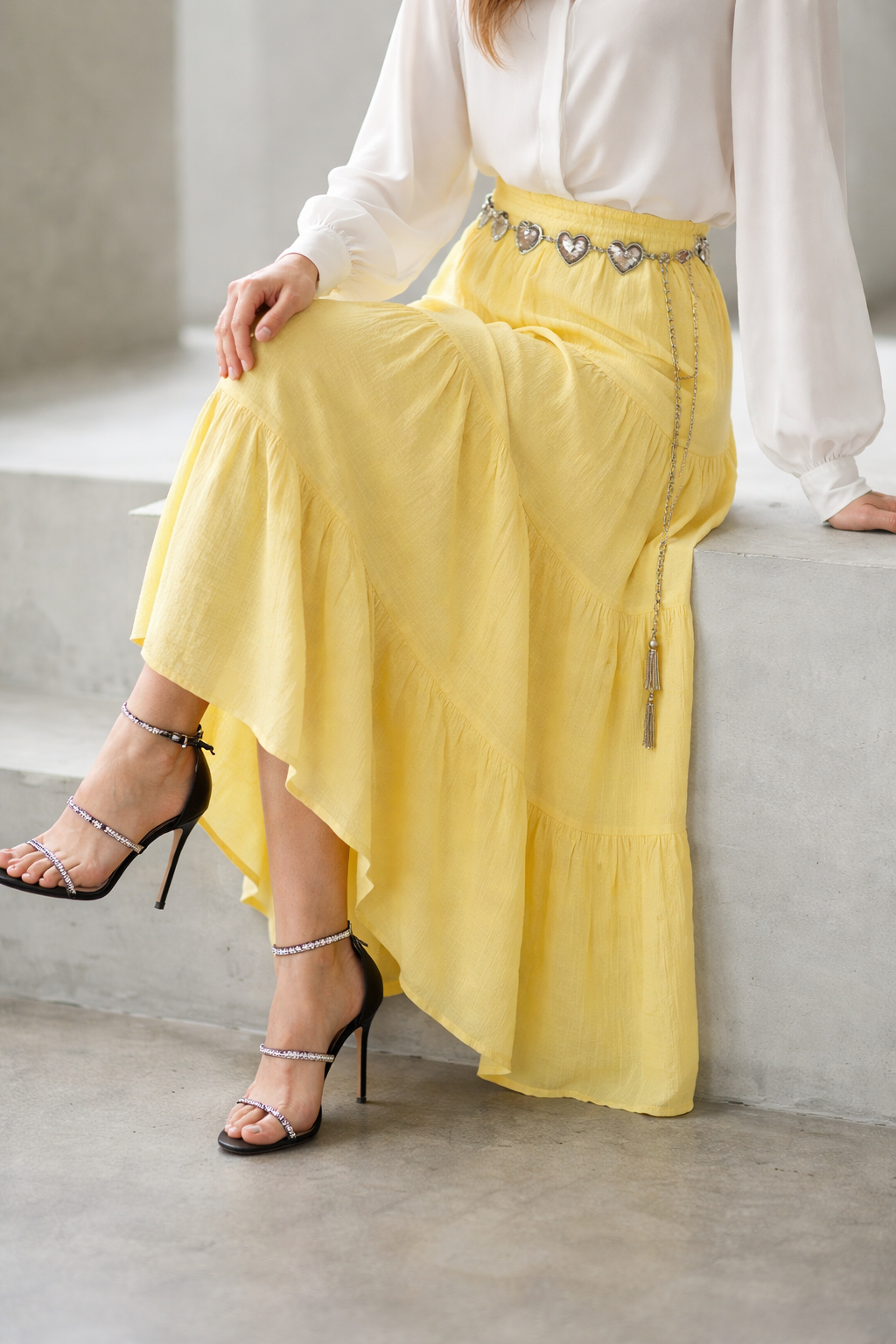 Tiered Crinkle Maxi Skirt with Heart Chain Belt