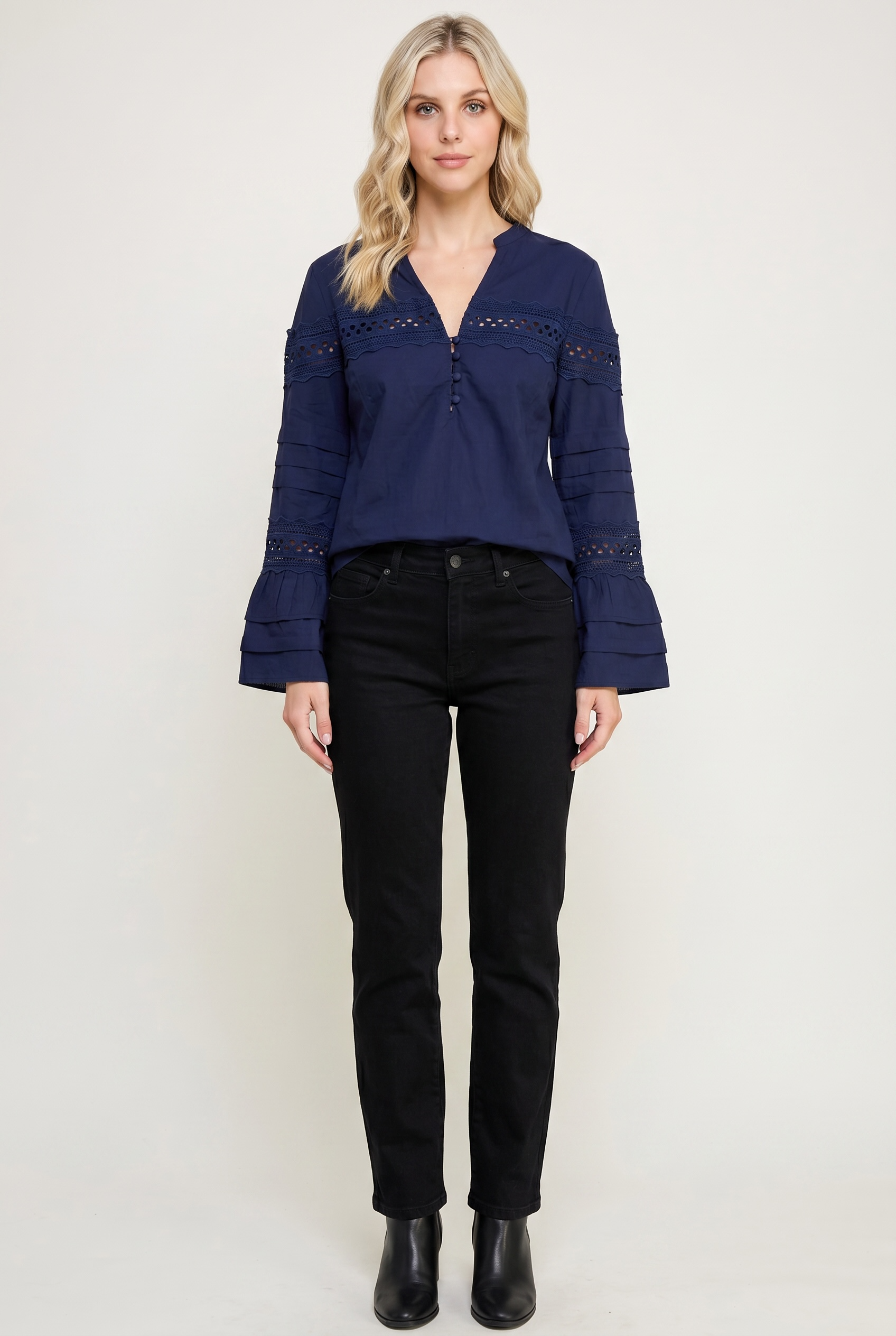 Lace Detail Bell Sleeve Blouse – Button Front V-Neck Top