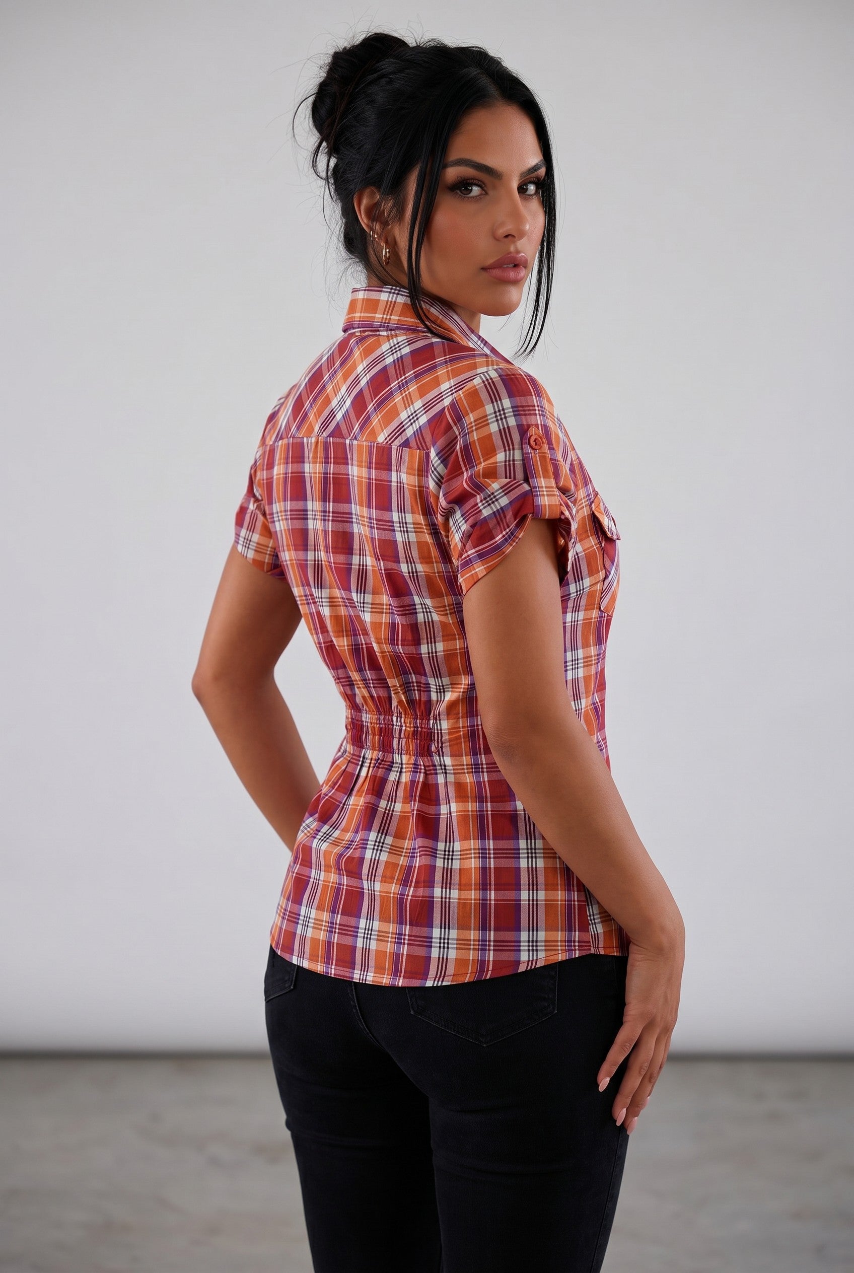 Plaid Smocked Waist Button-Up Top