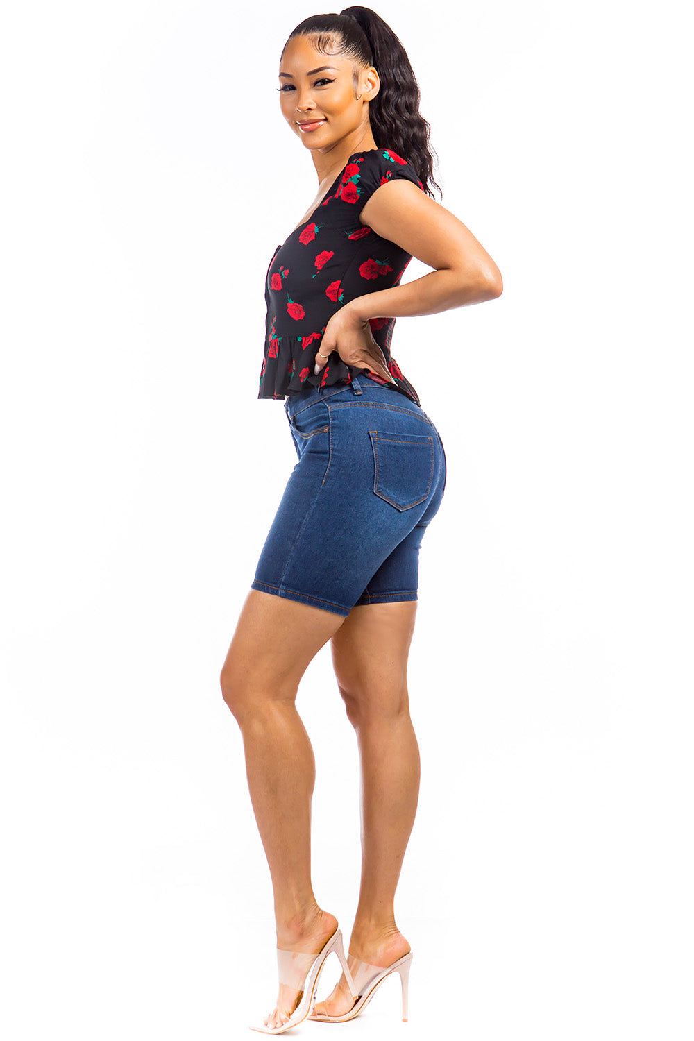 Medium Blue High-Rise Denim Bermuda Shorts