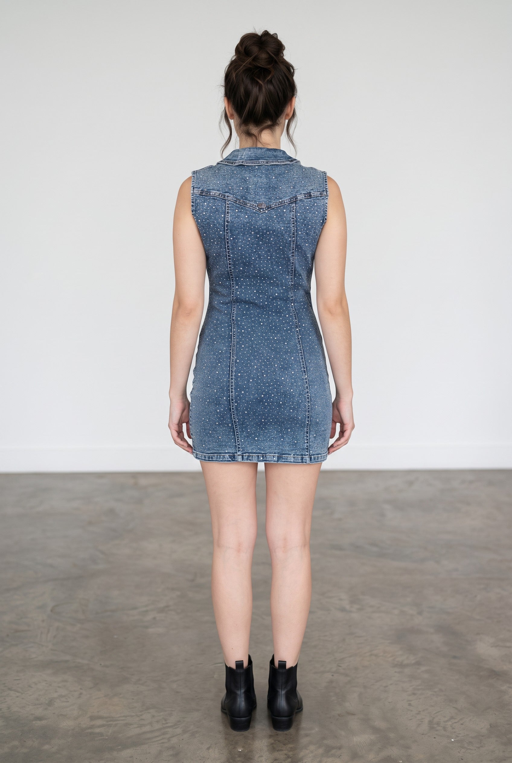 Midnight Rodeo Rhinestone Denim Mini Dress – Dark Wash