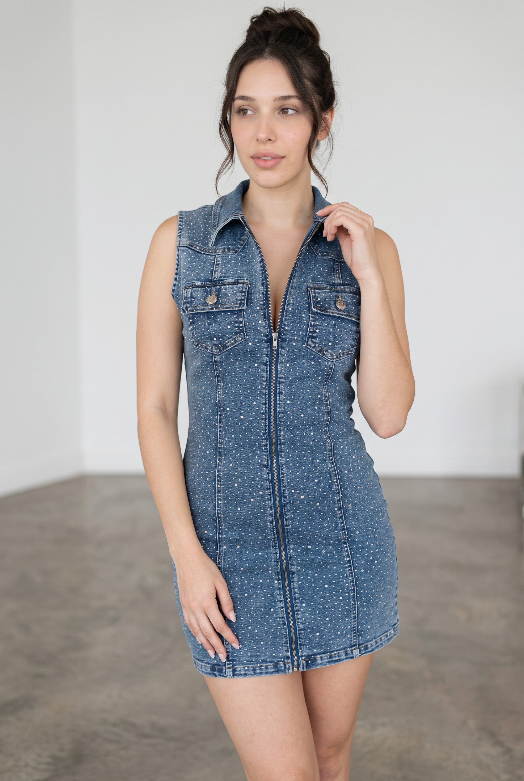 Midnight Rodeo Rhinestone Denim Mini Dress – Dark Wash