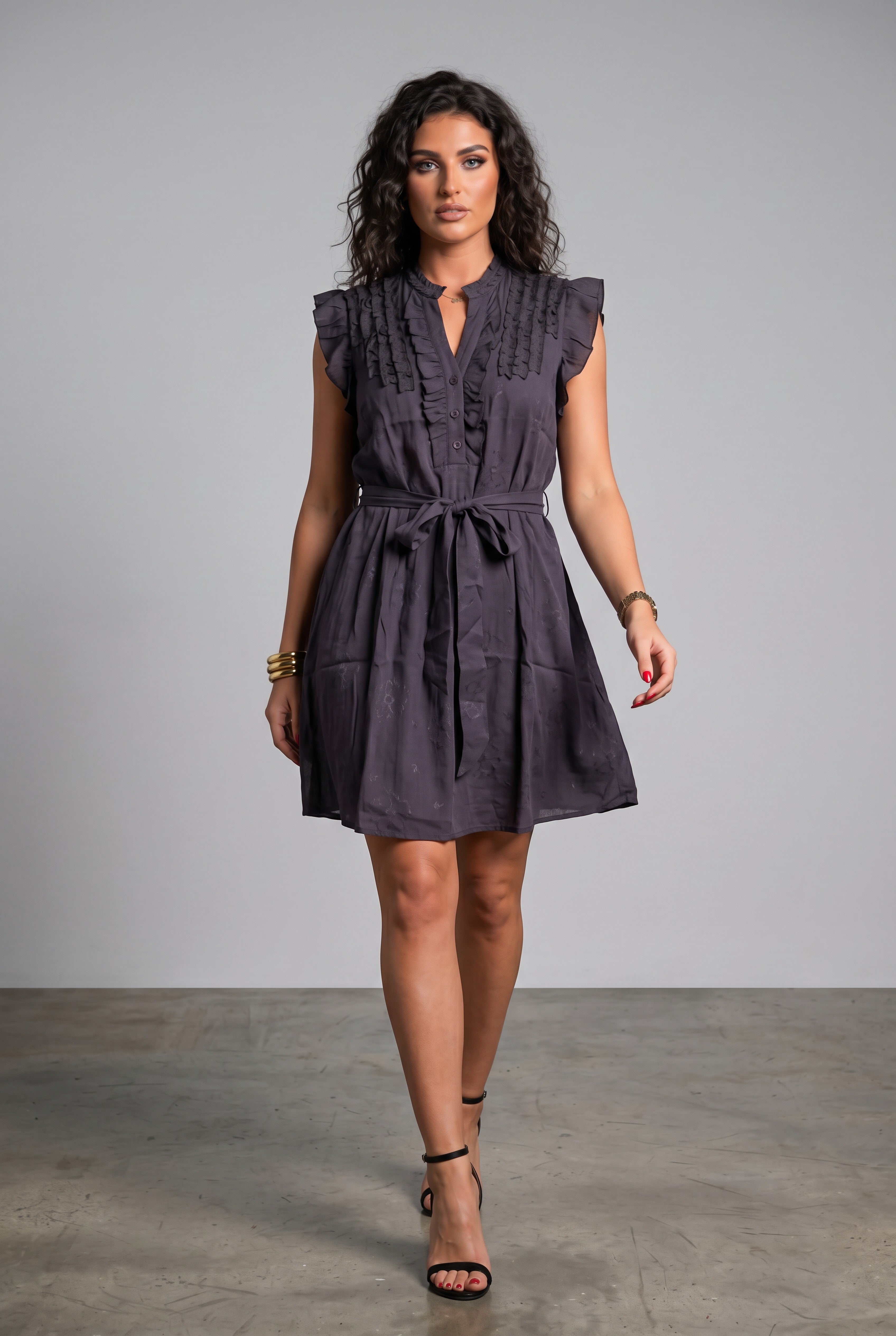 Ruffle Trim Tie-Waist Mini Dress
