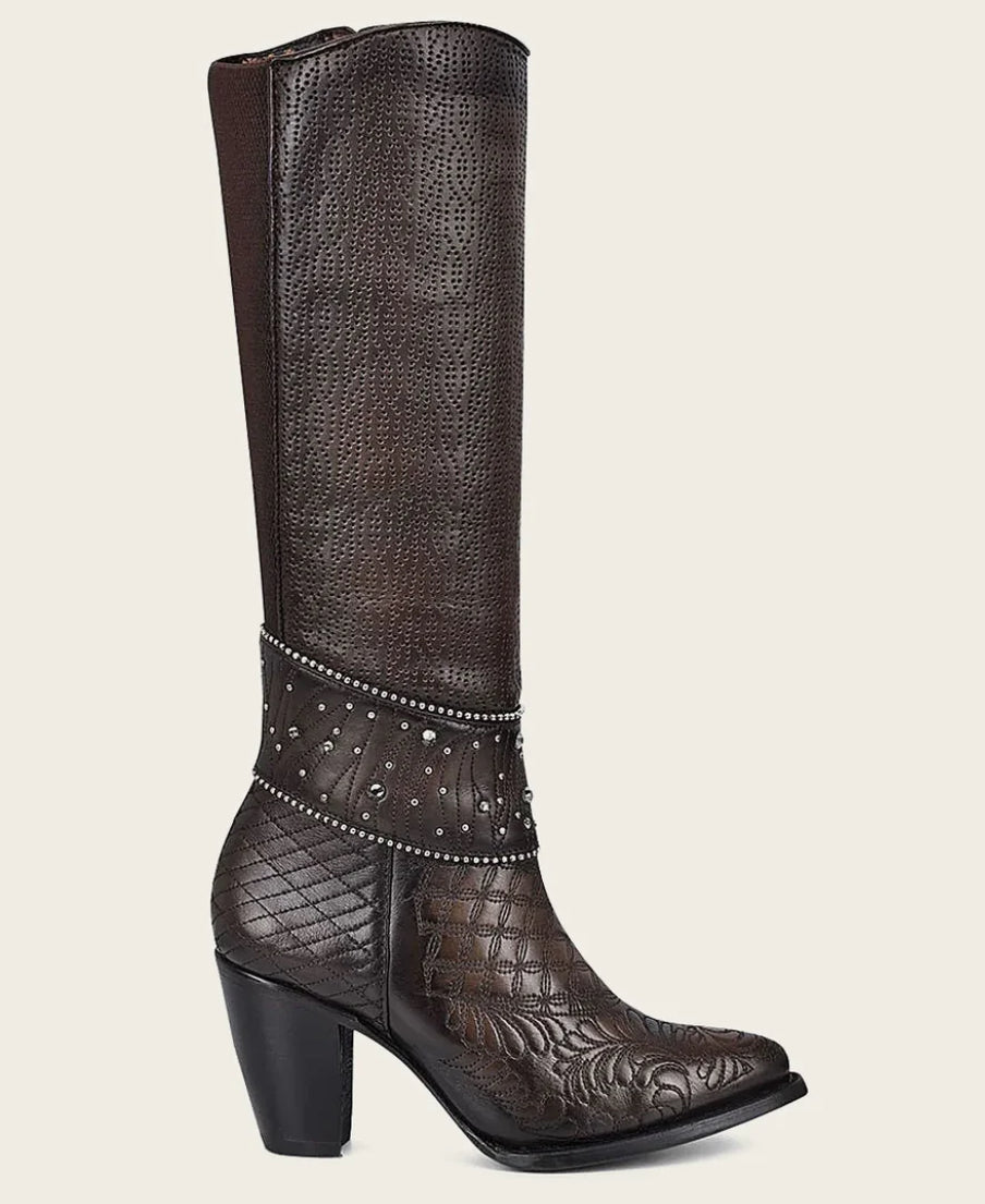 LD BLACK/BROWN EMBROIDERY & STUDS ROUND TOE