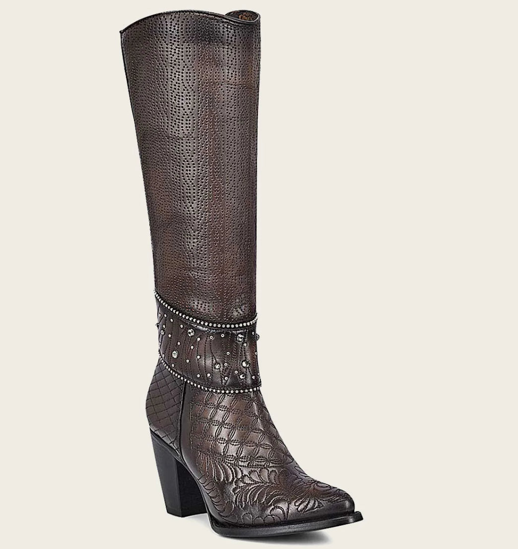 LD BLACK/BROWN EMBROIDERY & STUDS ROUND TOE