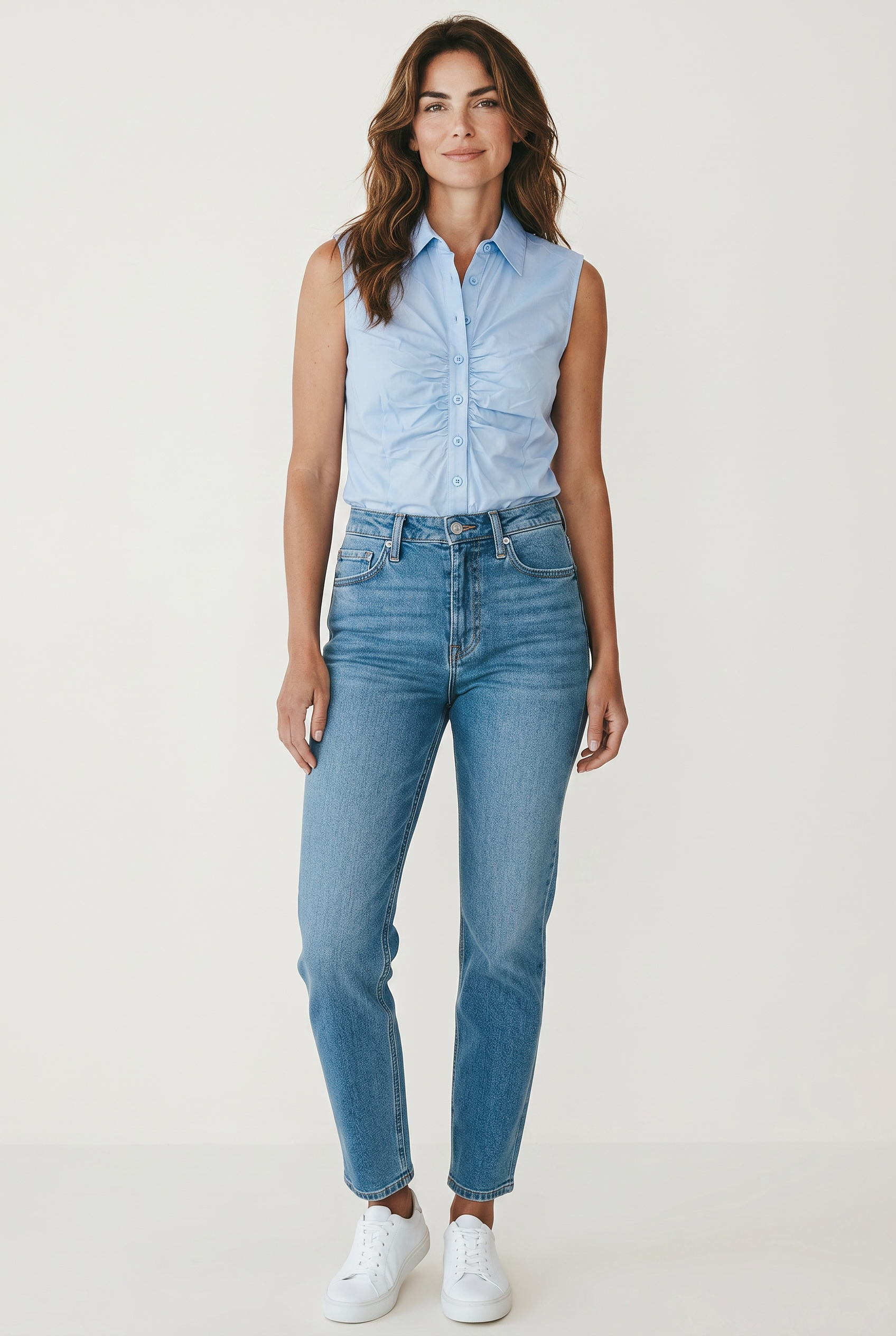 Sleeveless Ruched Button-Up Blouse – Tailored Stretch Top
