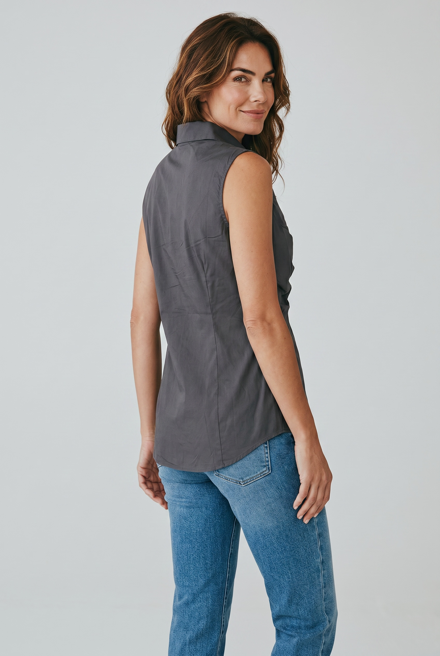 Sleeveless Ruched Button-Up Blouse – Tailored Stretch Top