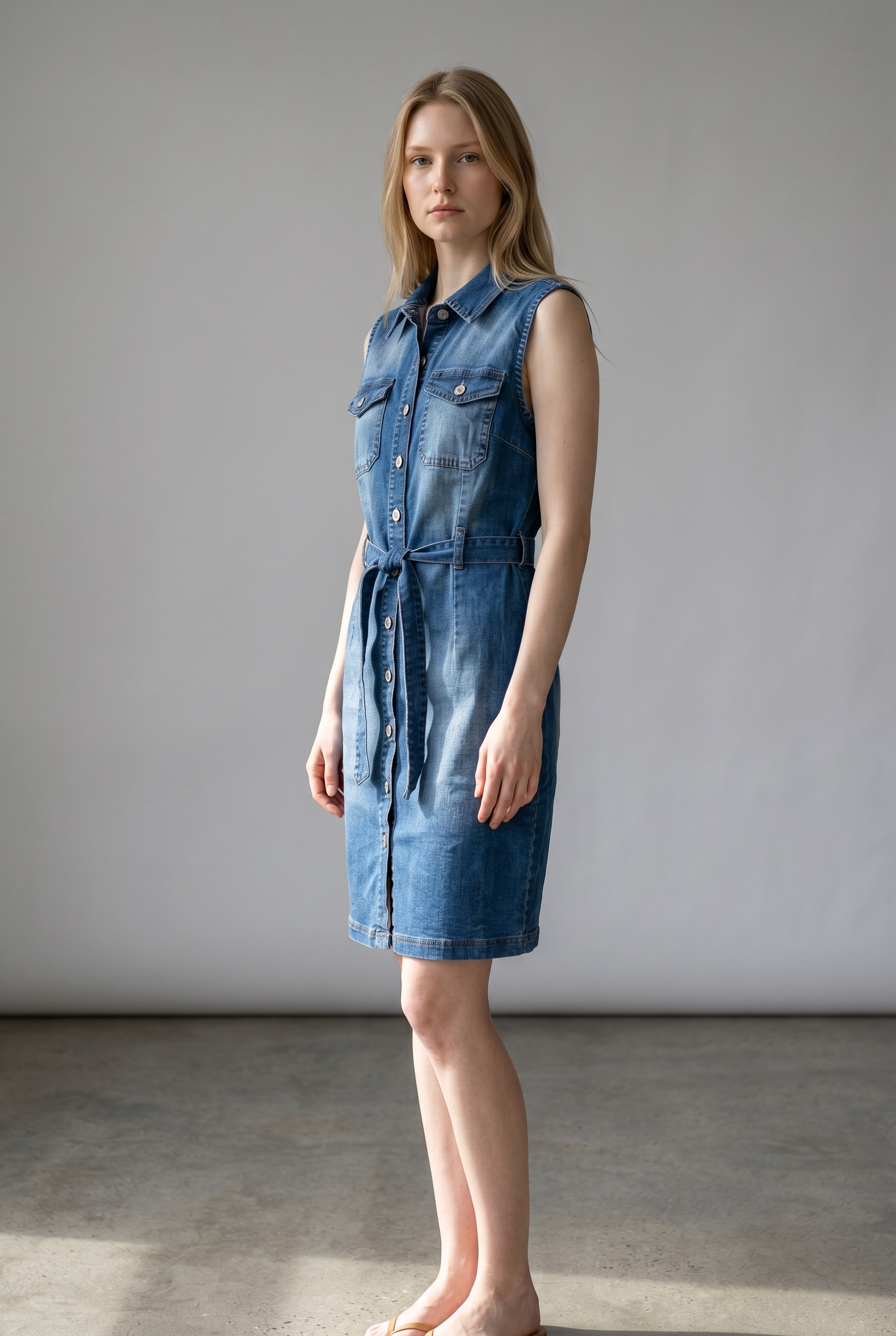 Denim Button Front Belted Mini Dress – Sleeveless Casual Jean Dress