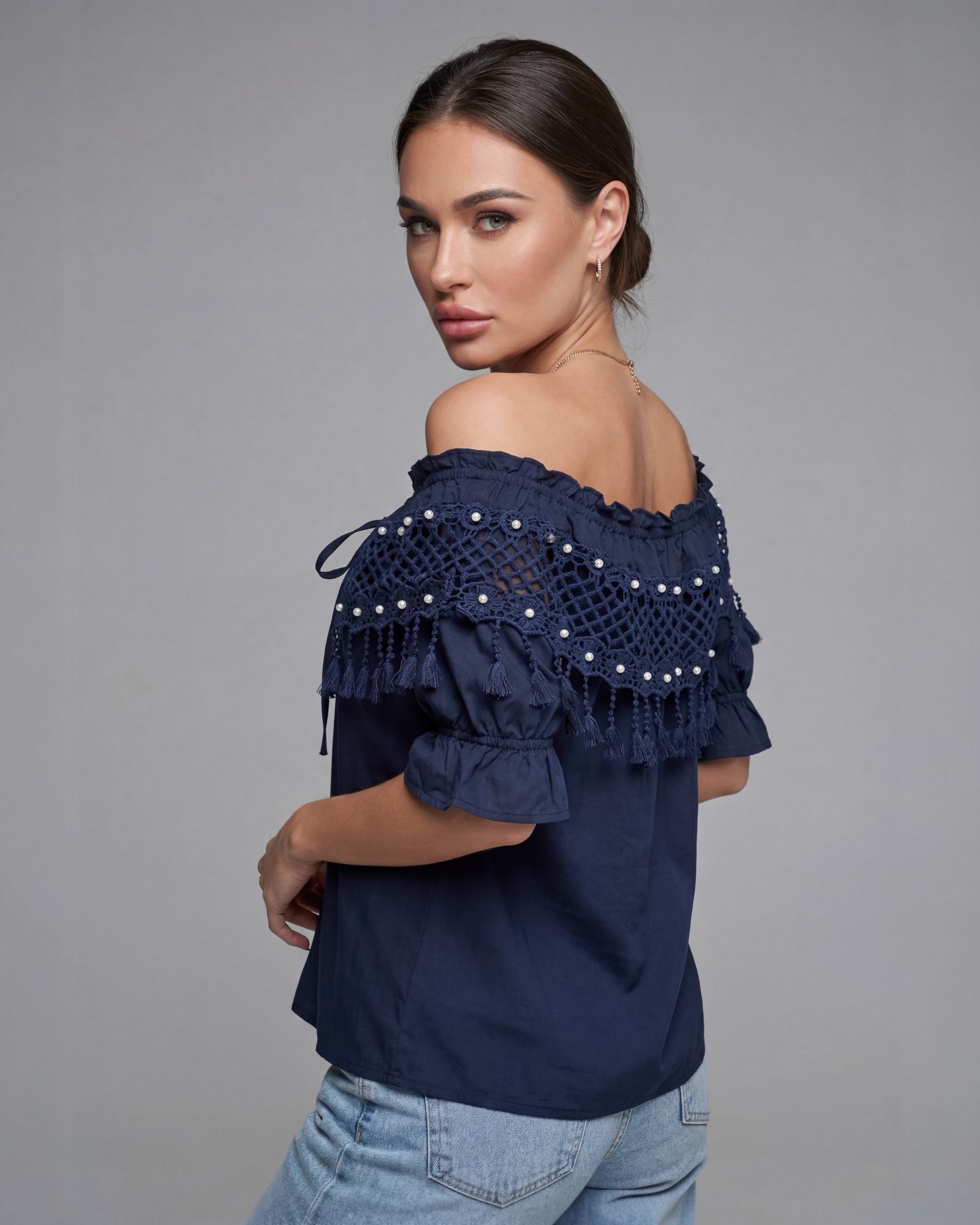 Off-Shoulder Crochet Tassel Blouse