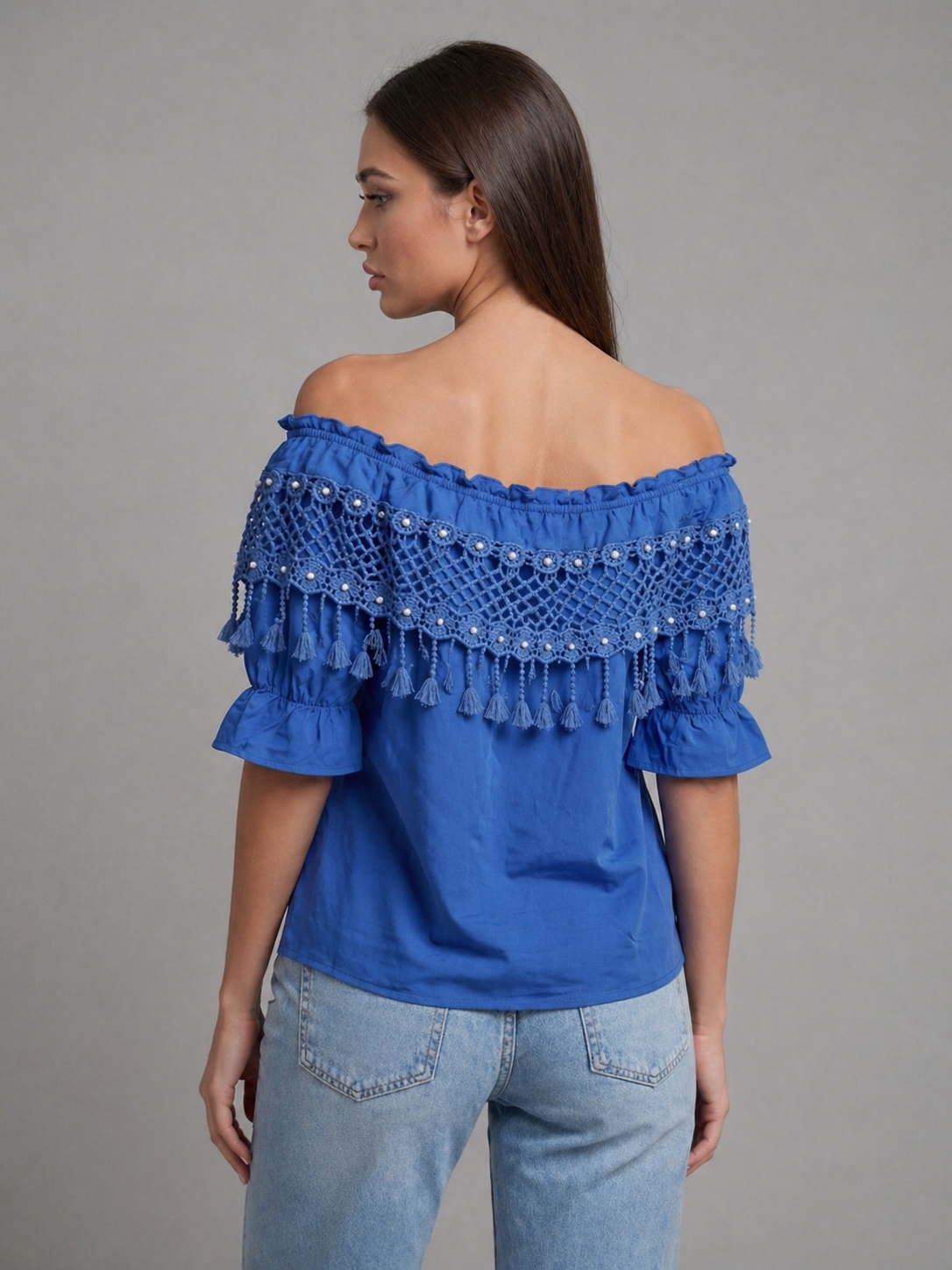 Off-Shoulder Crochet Tassel Blouse