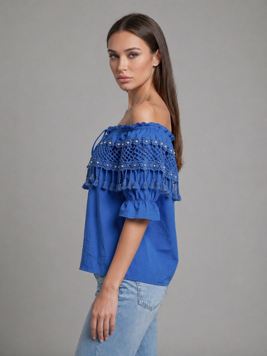 Off-Shoulder Crochet Tassel Blouse