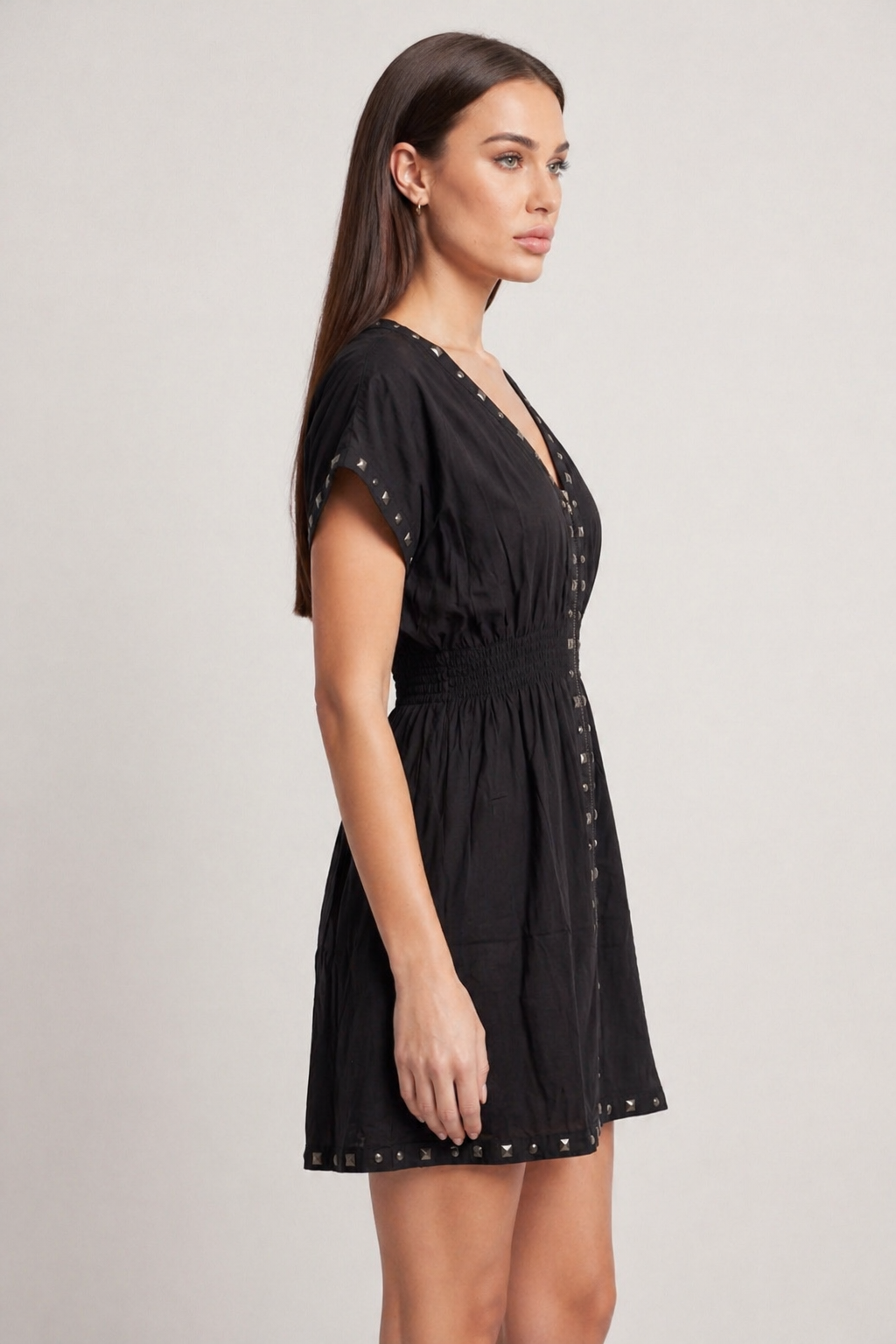 Studded Zip Front Mini Dress – Black & Mocha