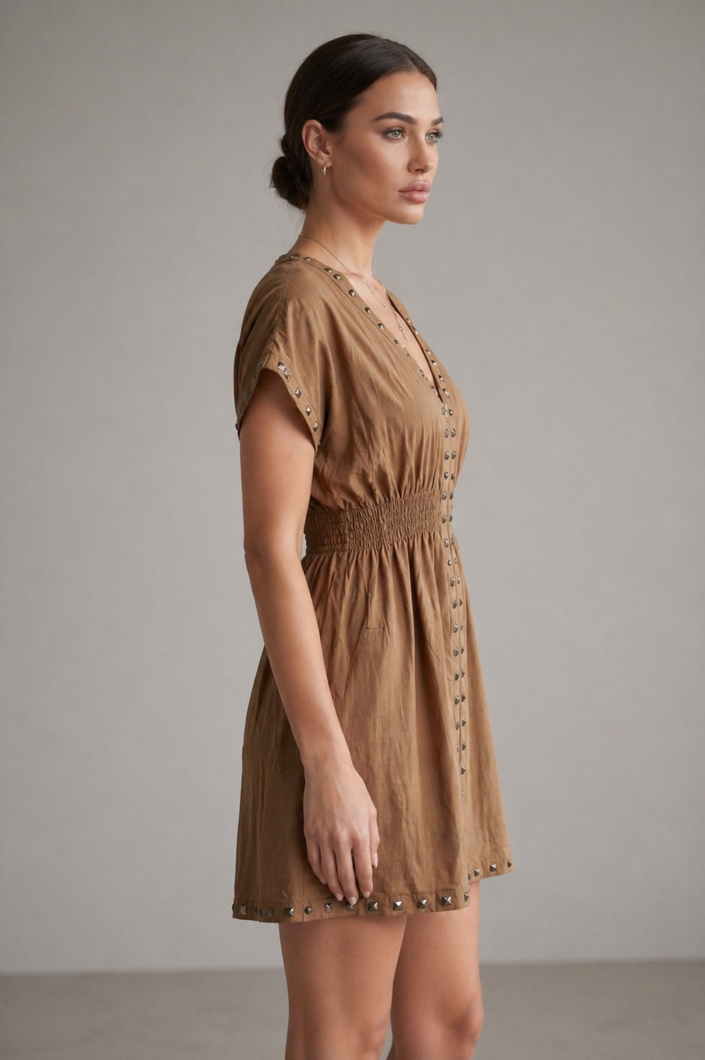 Studded Zip Front Mini Dress – Black & Mocha