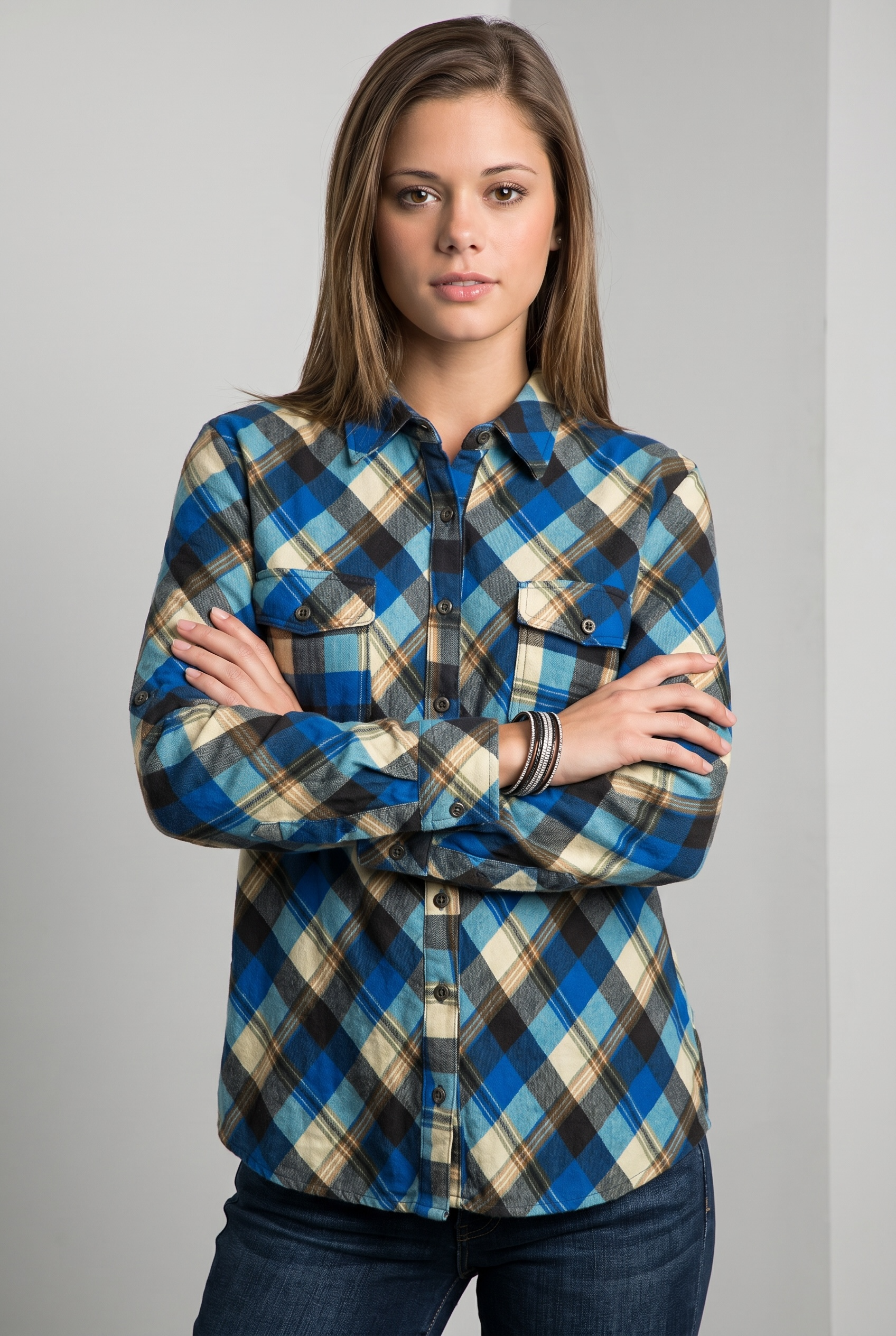 Blue Plaid Button-Up Flannel Shirt