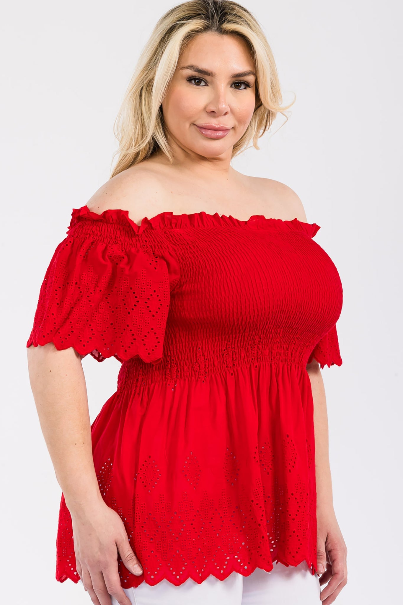 Off Shoulder Smocked Eyelet Top