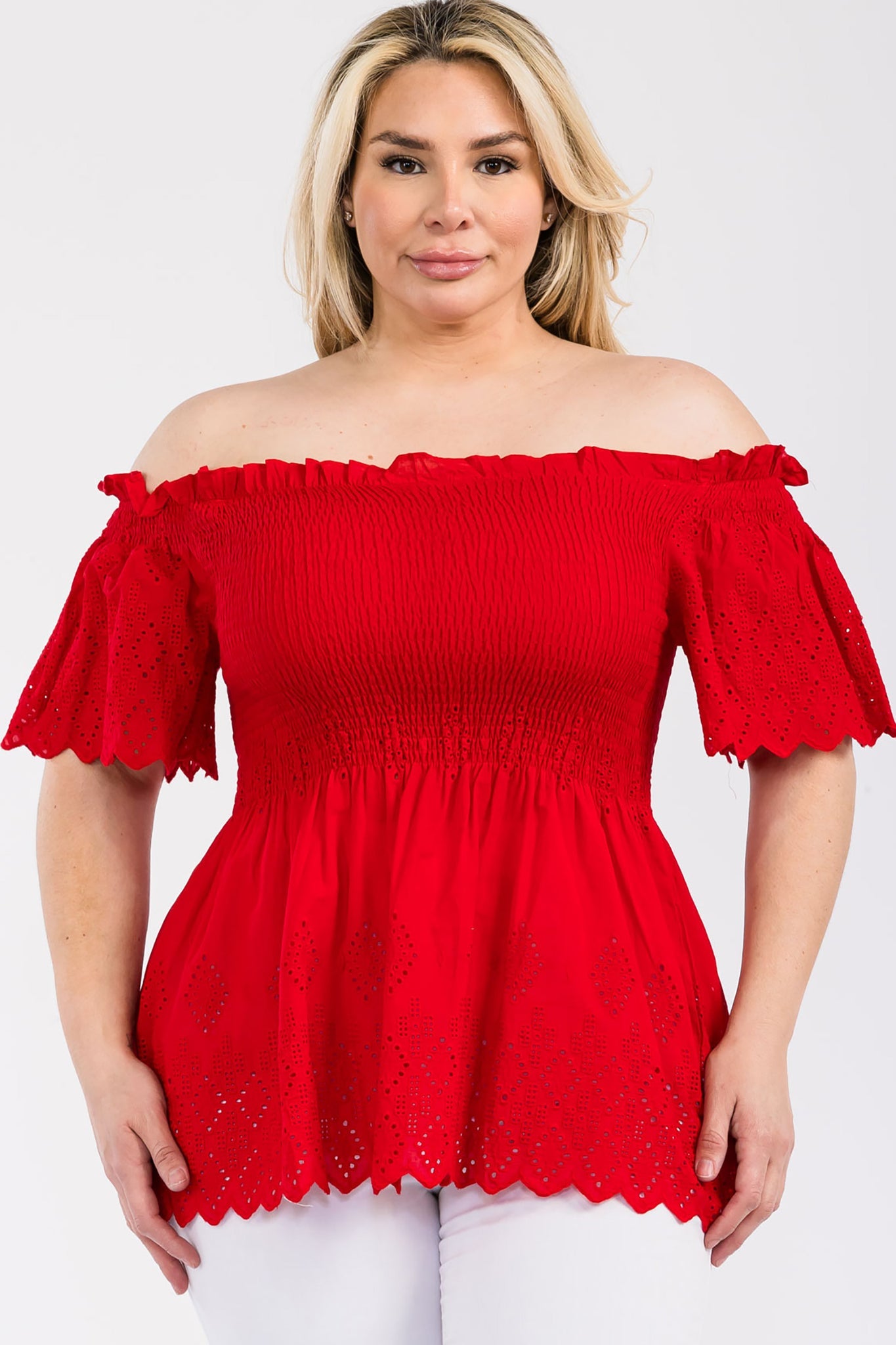 Off Shoulder Smocked Eyelet Top