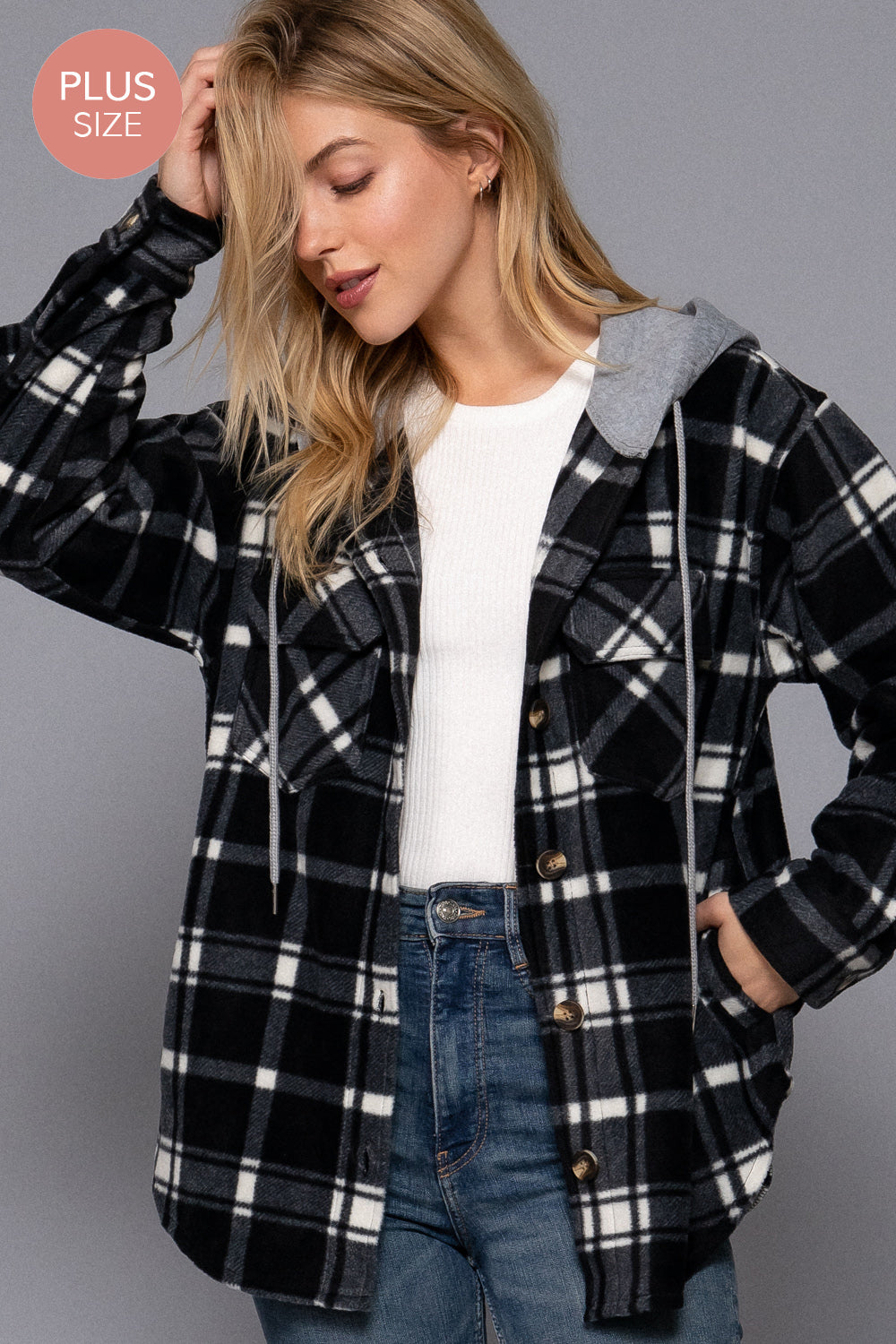 Plus Size Plaid Button Down Hoodie Fleece Jacket