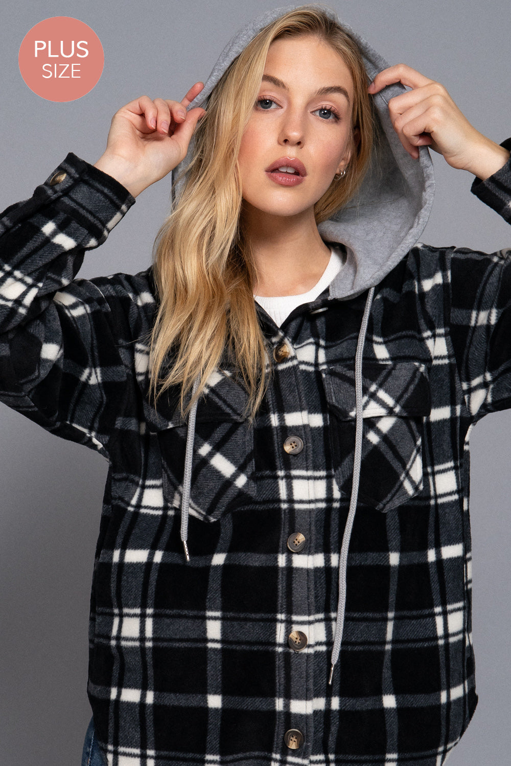 Plus Size Plaid Button Down Hoodie Fleece Jacket