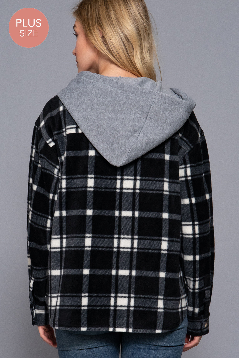 Plus Size Plaid Button Down Hoodie Fleece Jacket