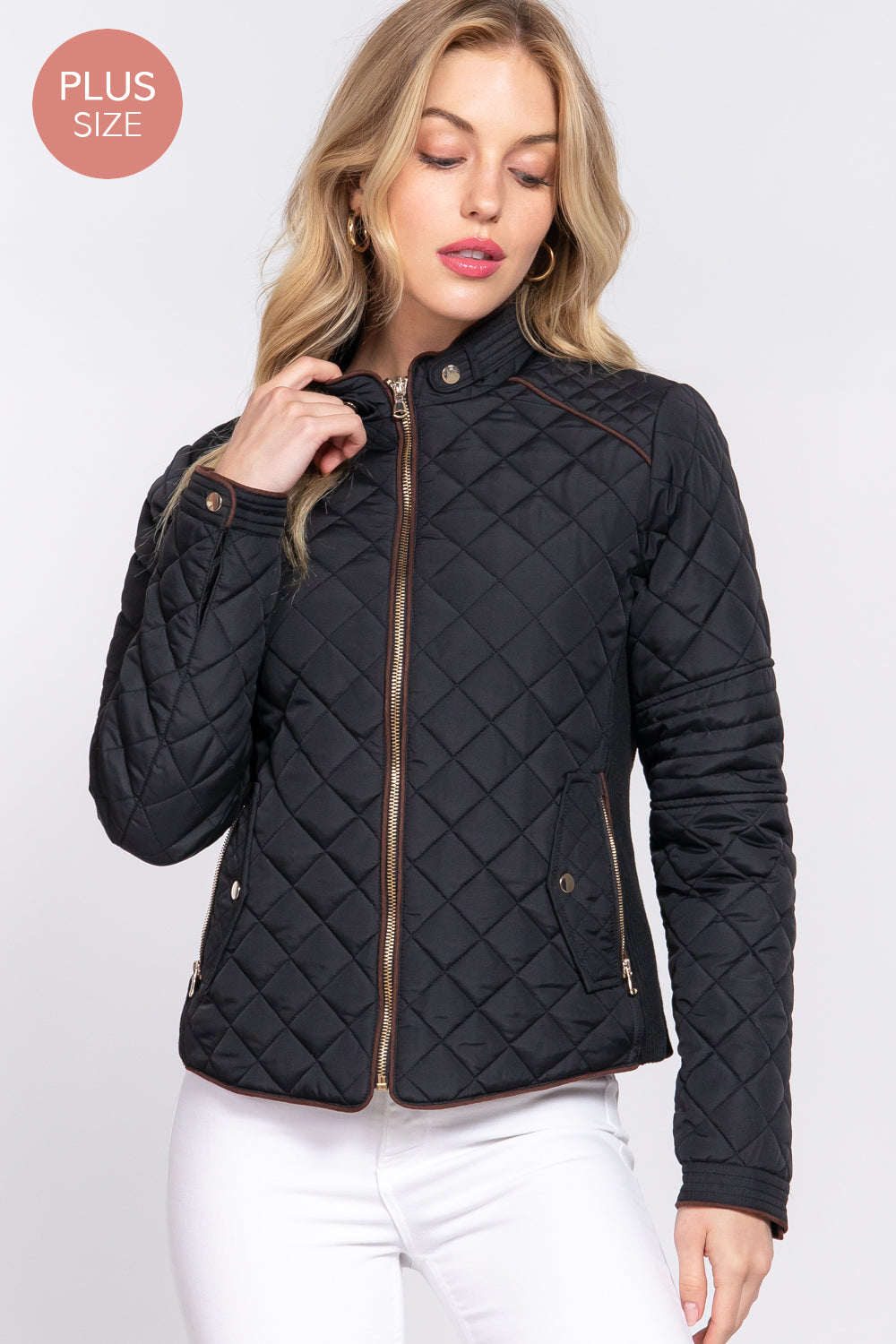 Plus Size Quilted Suede Piping Jacket