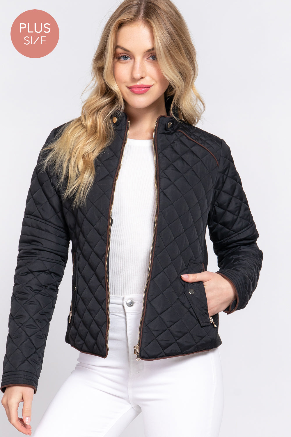 Plus Size Quilted Suede Piping Jacket
