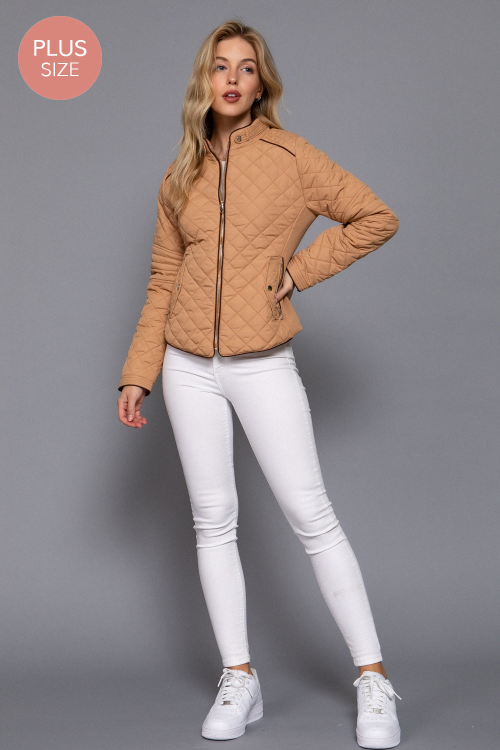 Plus Size Quilted Suede Piping Jacket