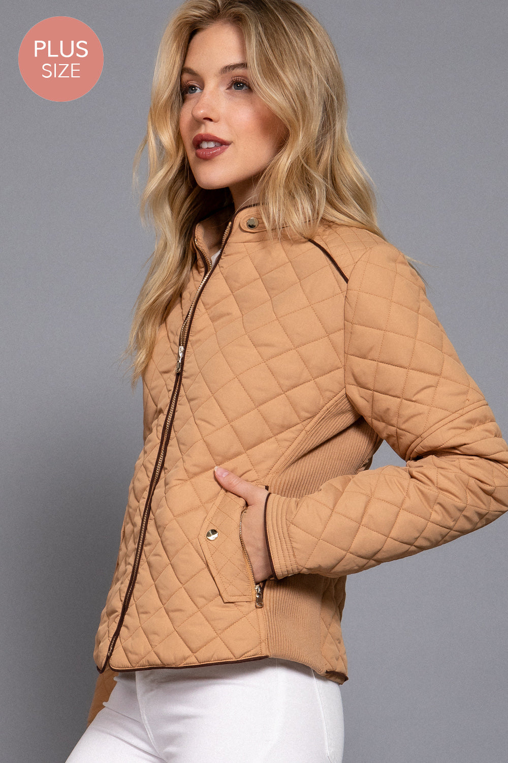 Plus Size Quilted Suede Piping Jacket