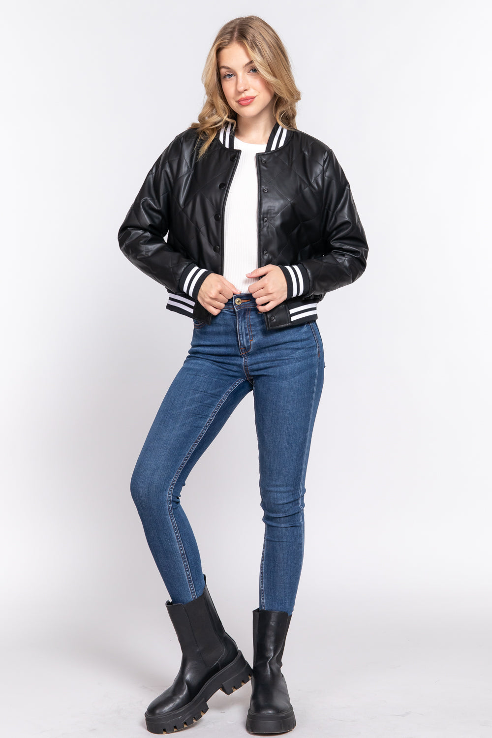 Quilted Faux Leather Bomber Jacket