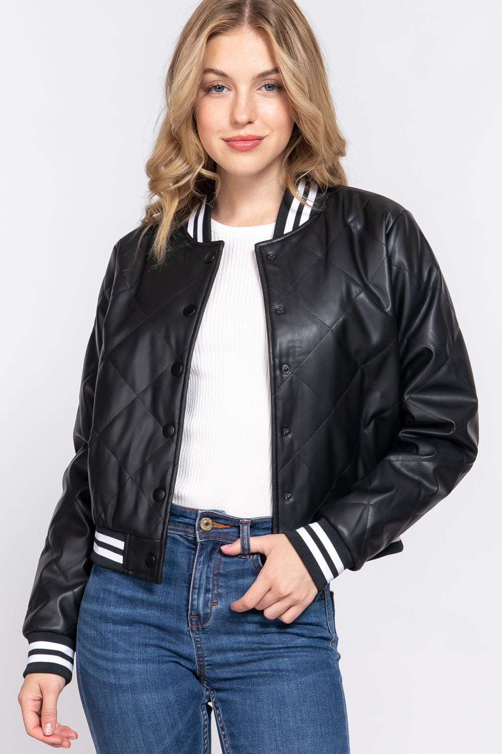 Quilted Faux Leather Bomber Jacket
