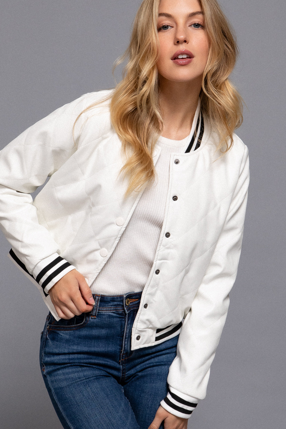 Quilted Faux Leather Bomber Jacket