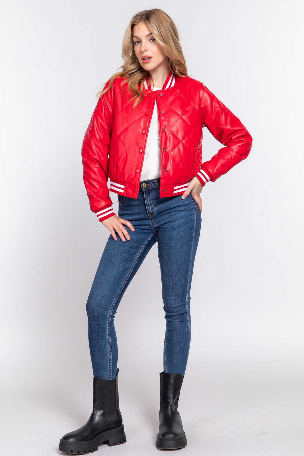Quilted Faux Leather Bomber Jacket