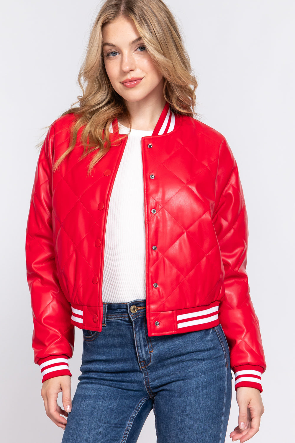 Quilted Faux Leather Bomber Jacket