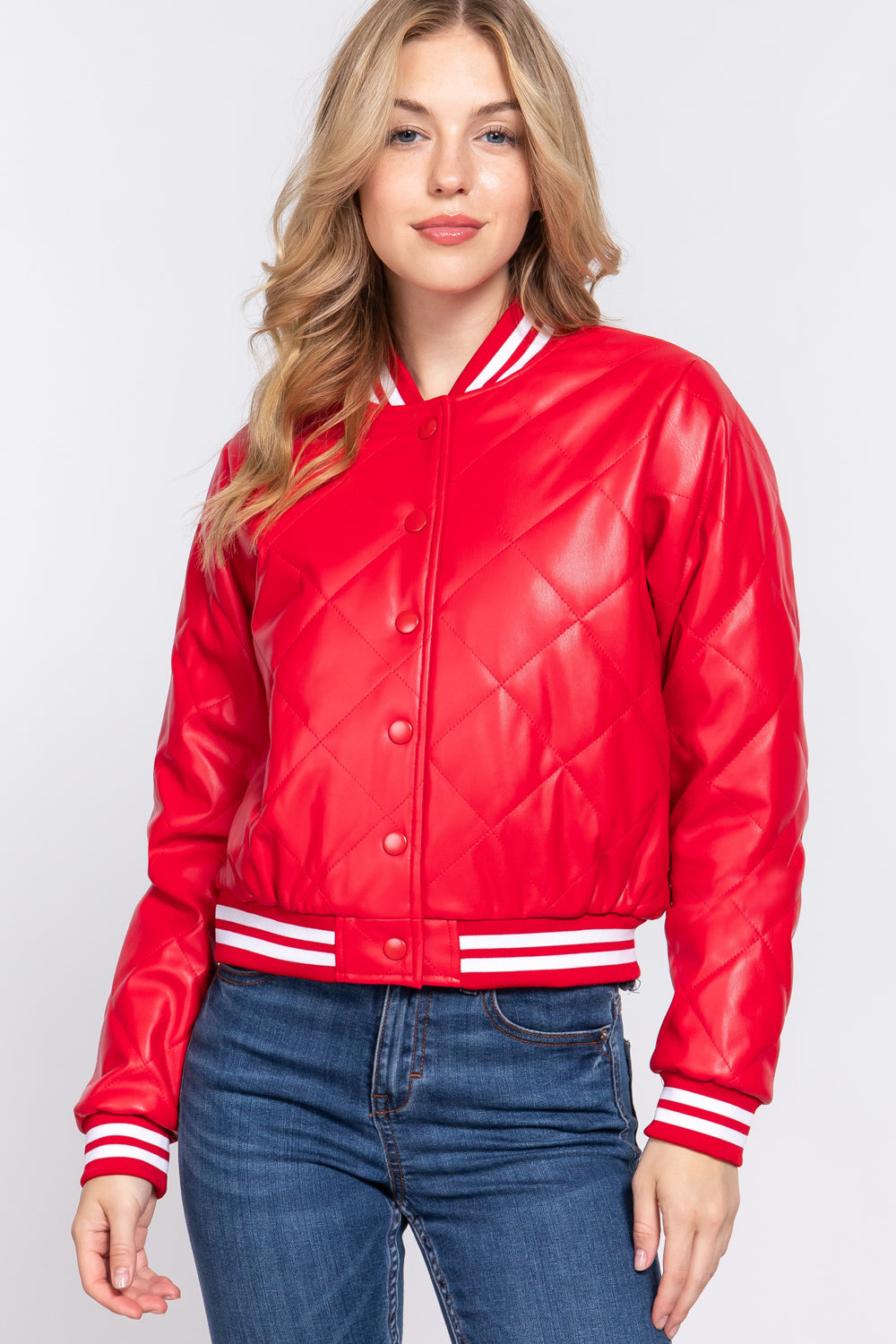 Quilted Faux Leather Bomber Jacket
